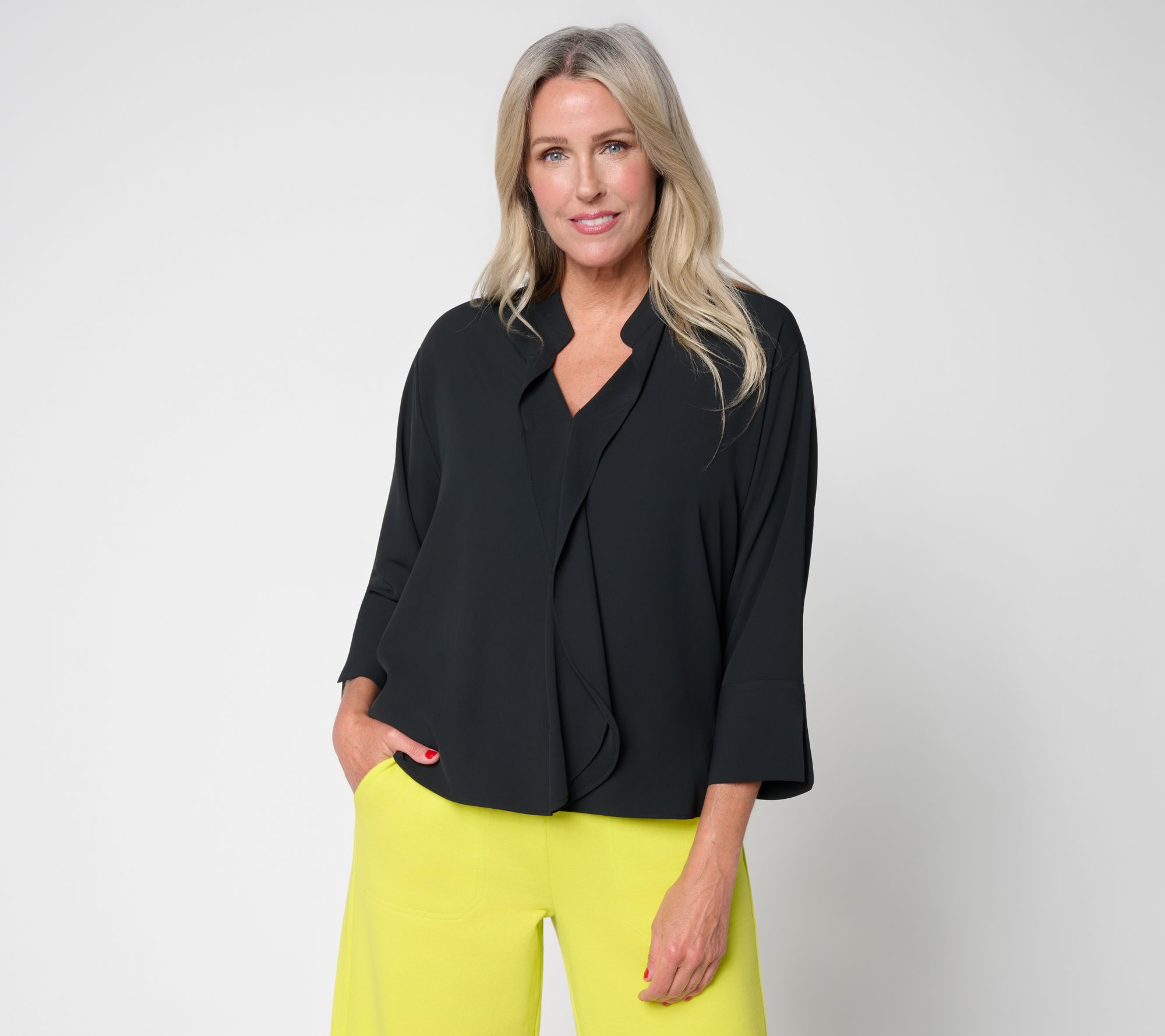 Carla Rockmore Collection Solid Crepe Ruffle Front Blouse