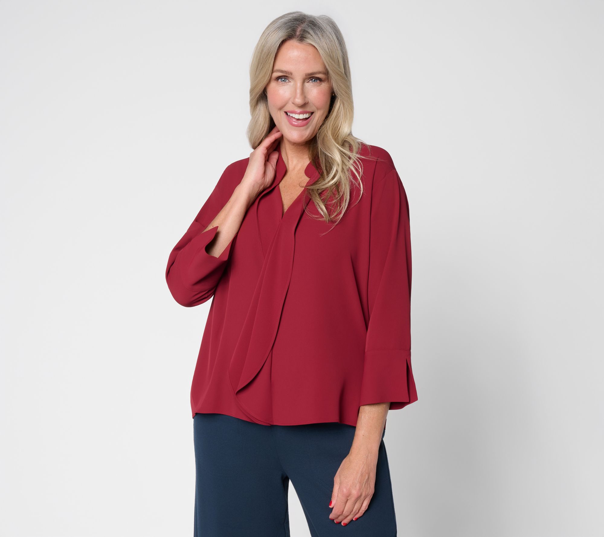 Carla Rockmore Collection Solid Crepe Ruffle Front Blouse