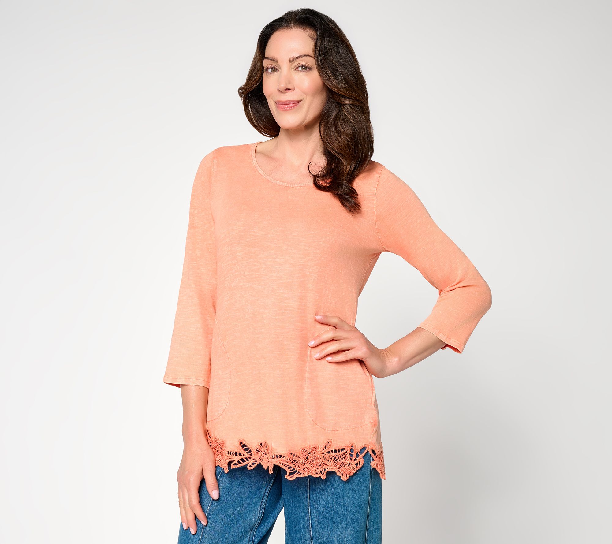 LOGO Lavish by Lori Goldstein Scoop Neck Cotton Top with Crochet Hem