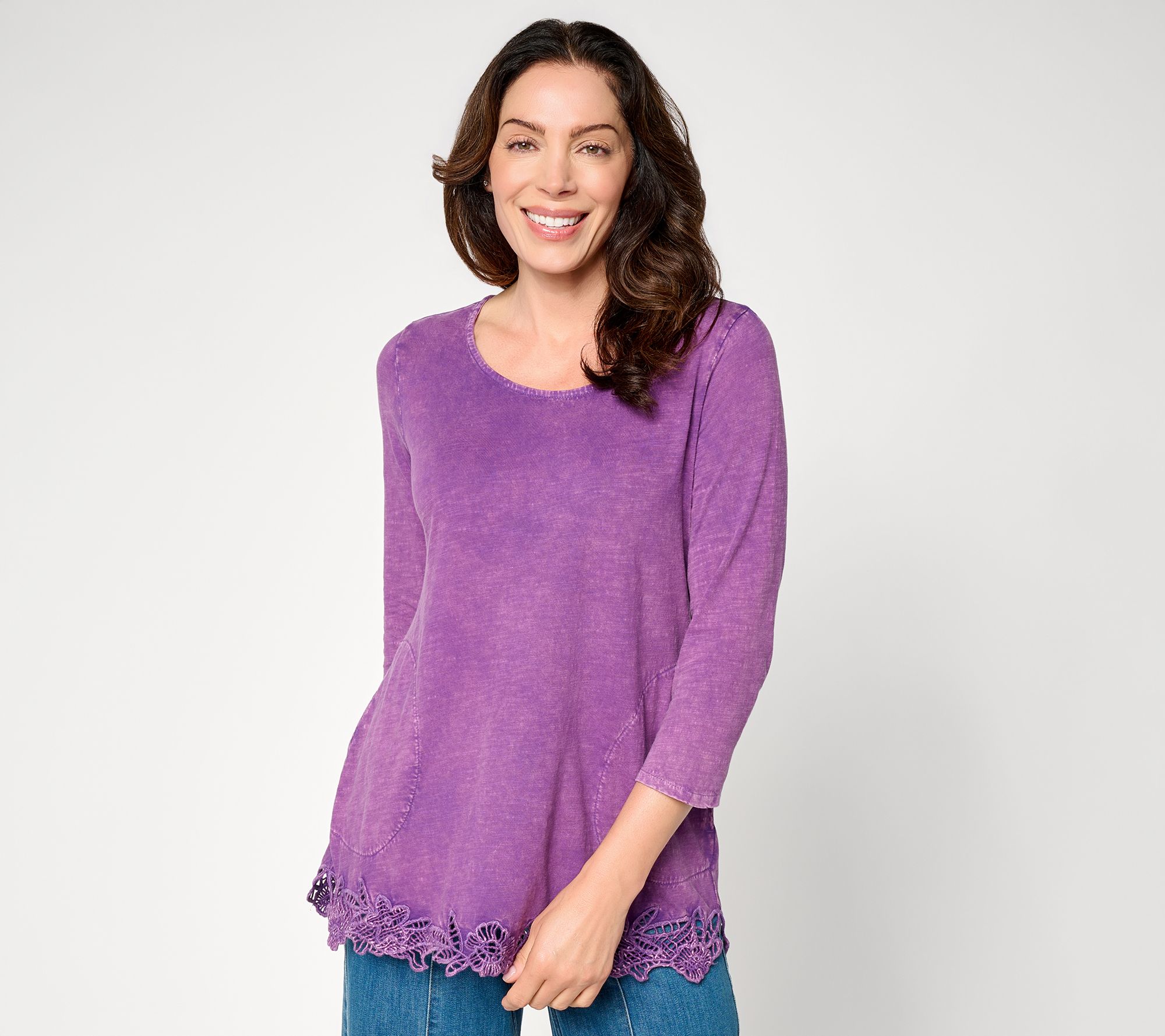 LOGO Lavish by Lori Goldstein Scoop Neck Cotton Top with Crochet Hem