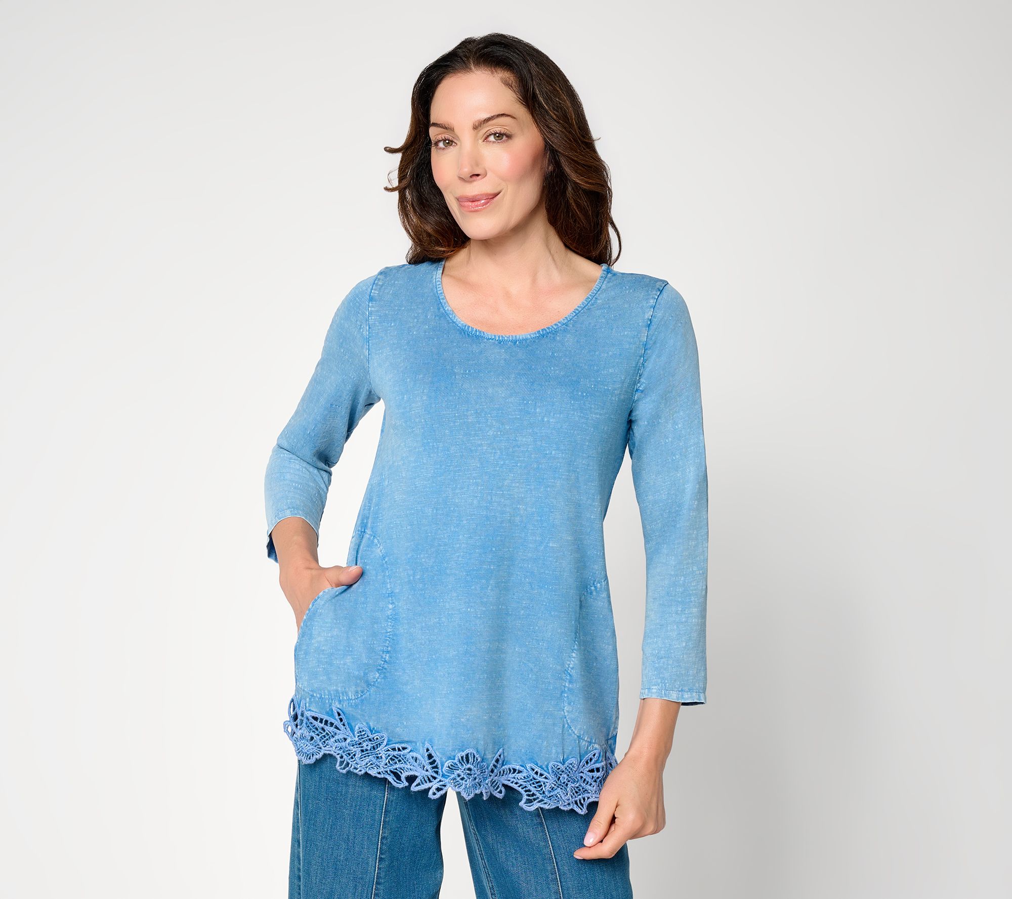 LOGO Lavish by Lori Goldstein Scoop Neck Cotton Top with Crochet Hem