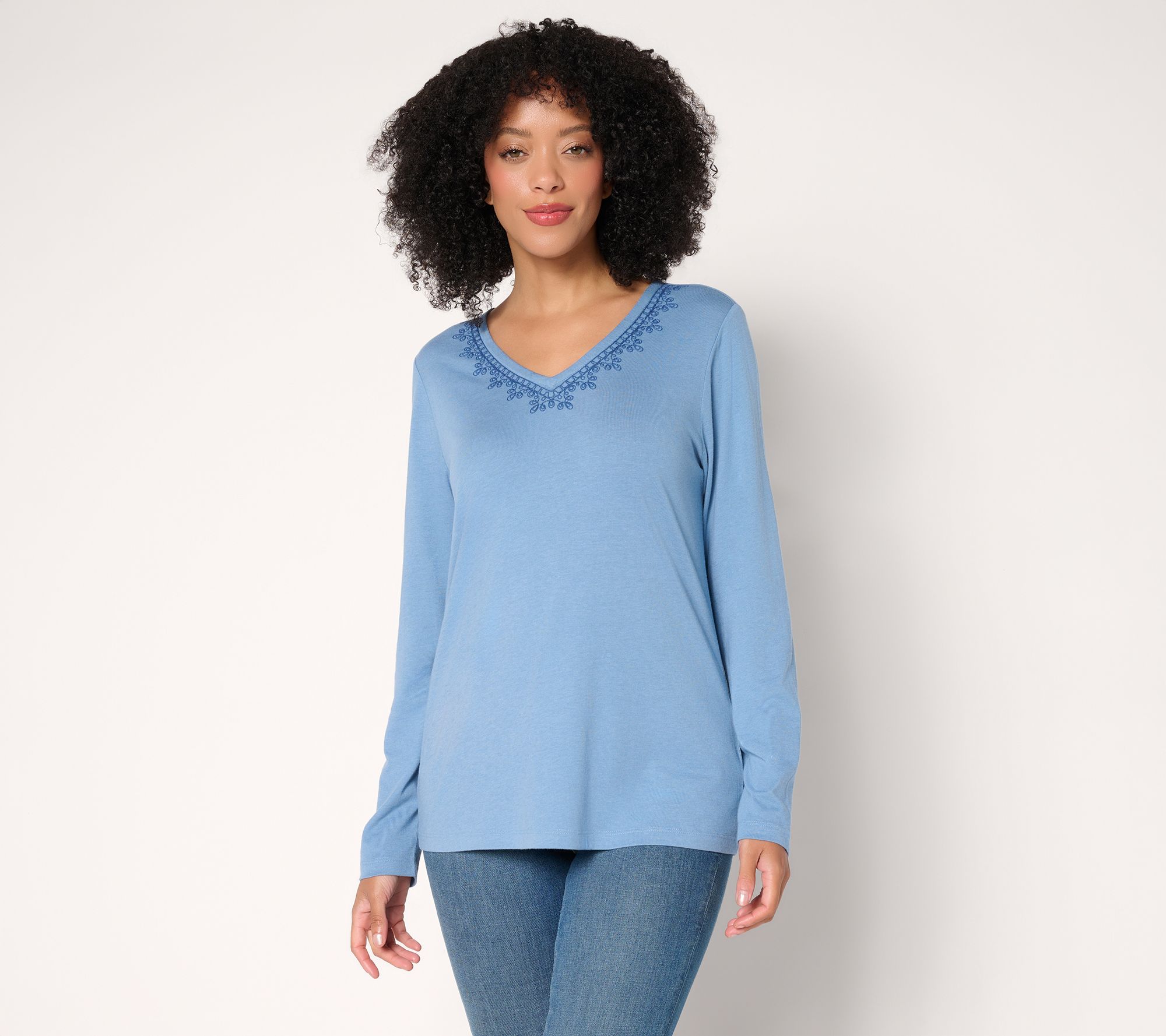 "As Is" Denim & Co. Long Sleeve Embroidered Knit Top
