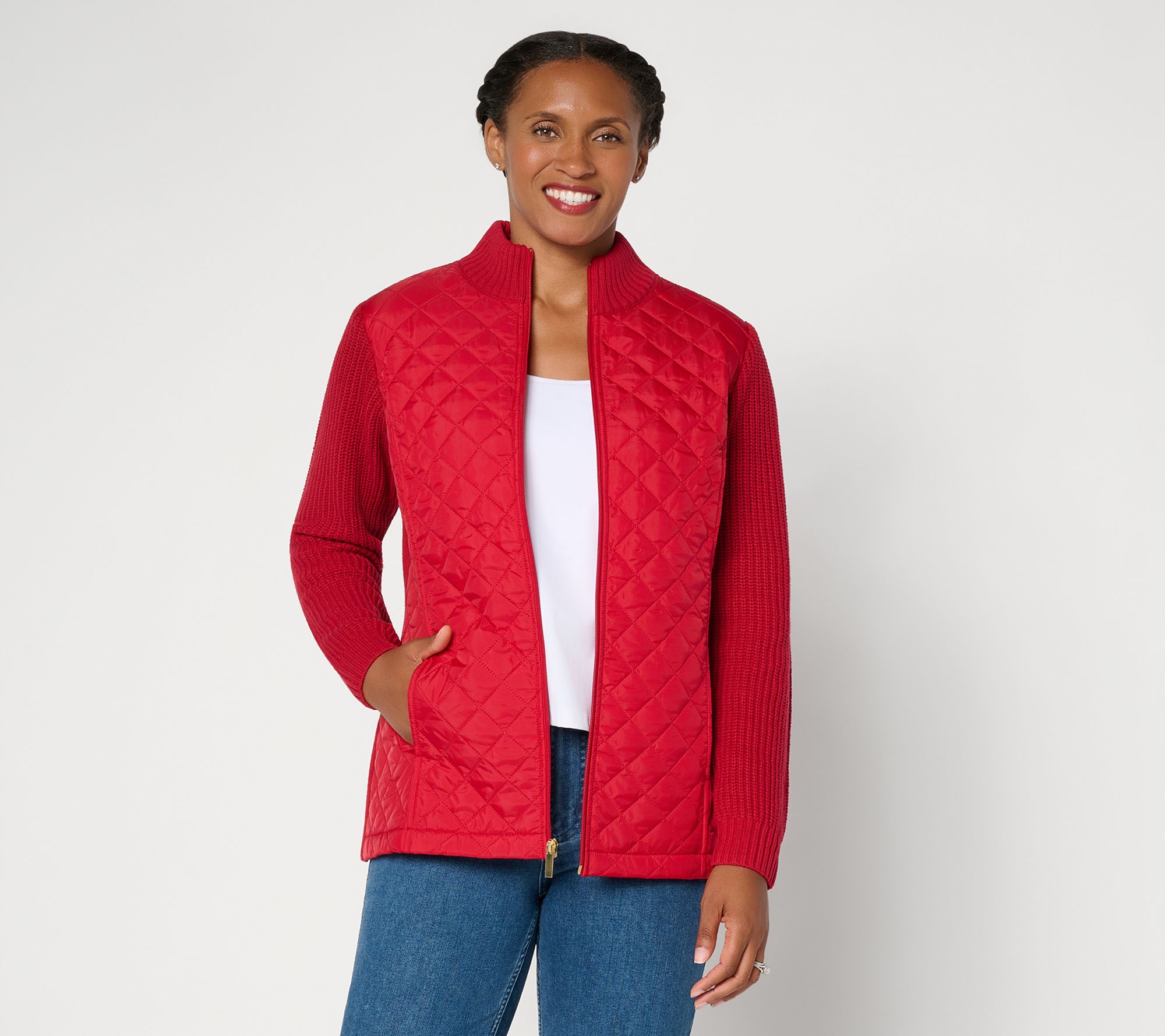  Denim & Co. Petite Quilted Zip-Front Sweater Jacket