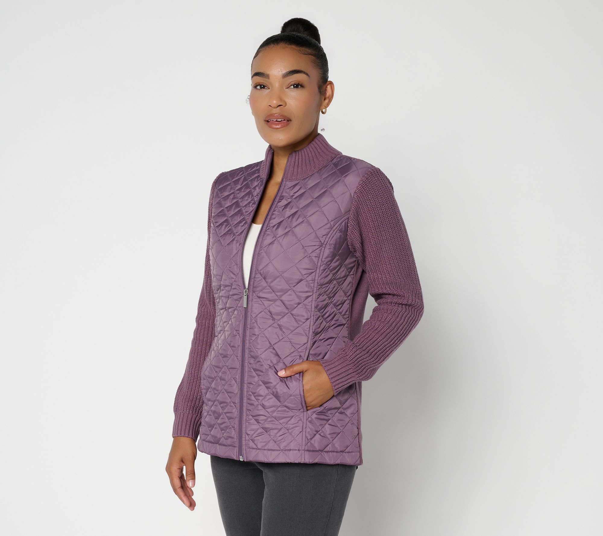 Denim & Co. Petite Quilted Zip-Front Sweater Jacket