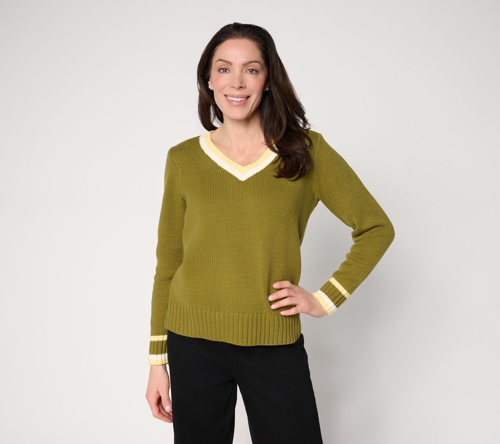 "As Is" Peace Love World V-Neck Tipped Pullover Sweater