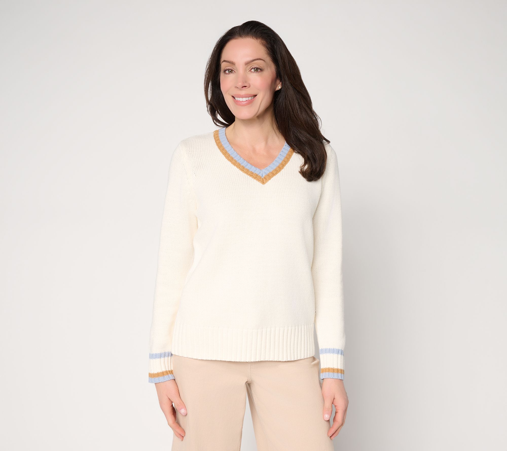 "As Is" Peace Love World V-Neck Tipped Pullover Sweater