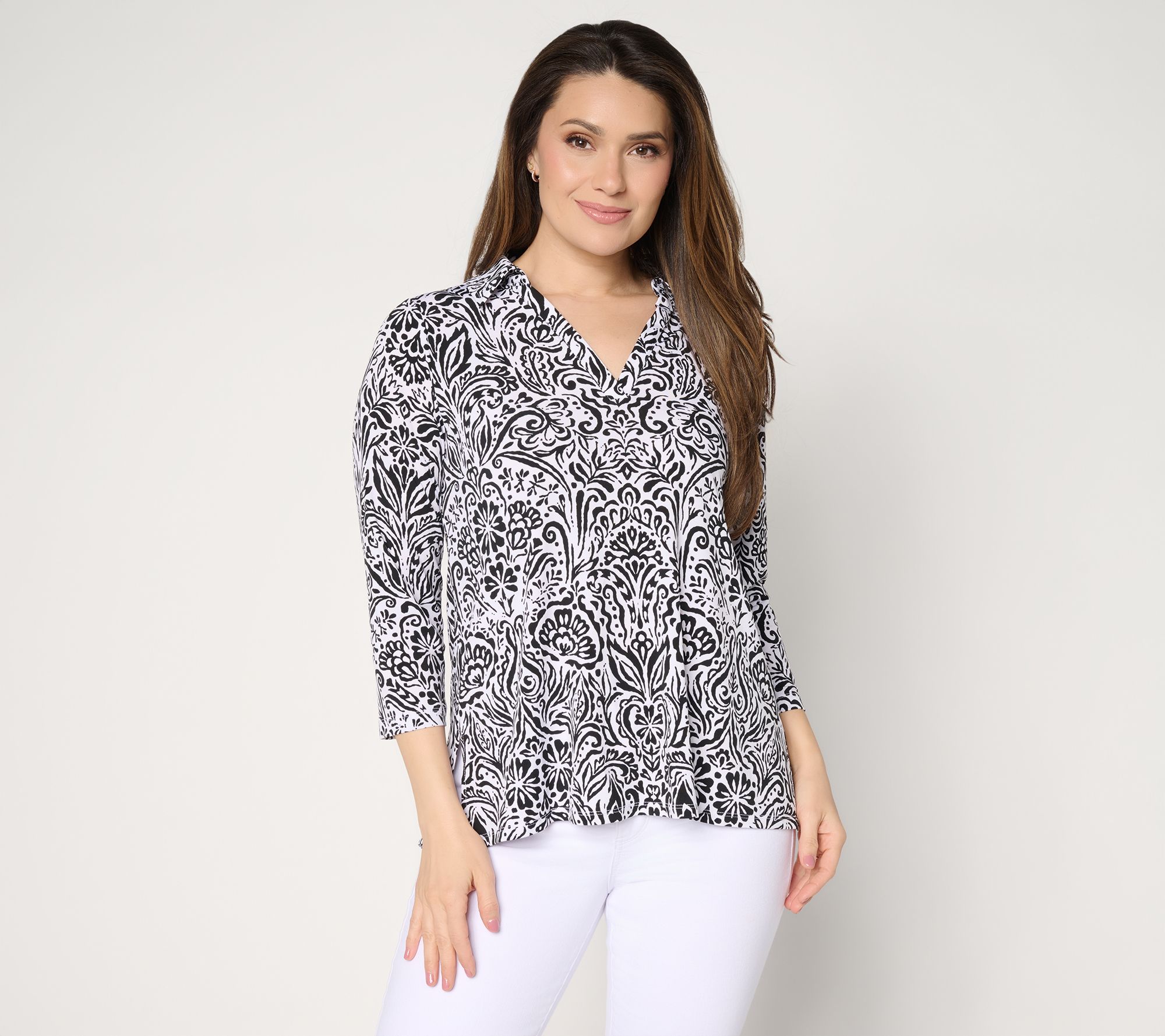 "As Is" Susan Graver Printed Liquid Knit Collared Split Neck Top