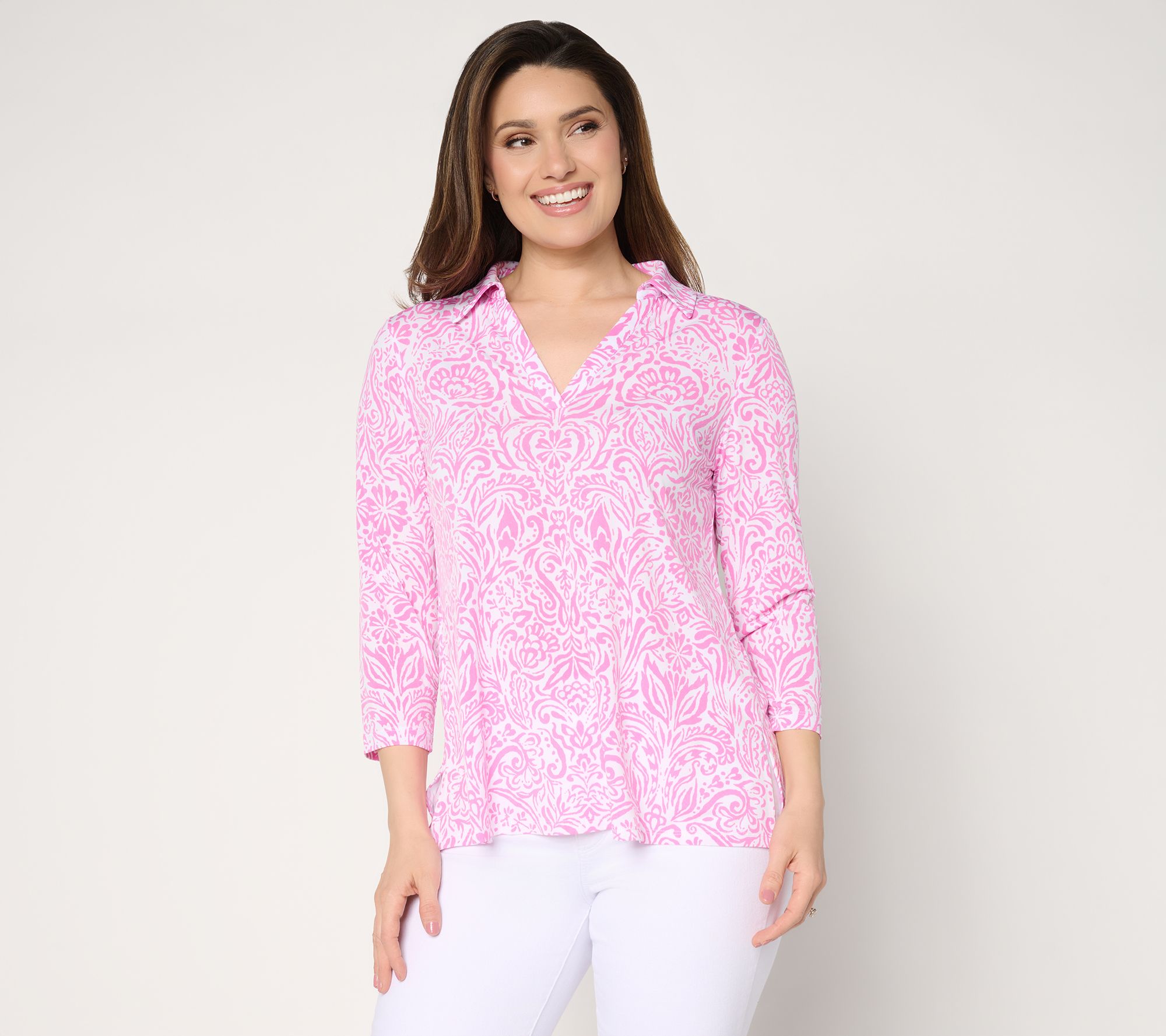 "As Is" Susan Graver Printed Liquid Knit Collared Split Neck Top