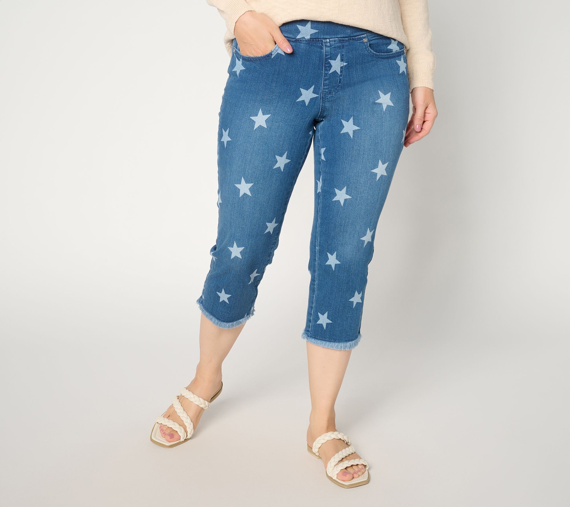 "As Is" Belle by Kim Gravel Reg TripleLuxe Denim Star Frayed Capri