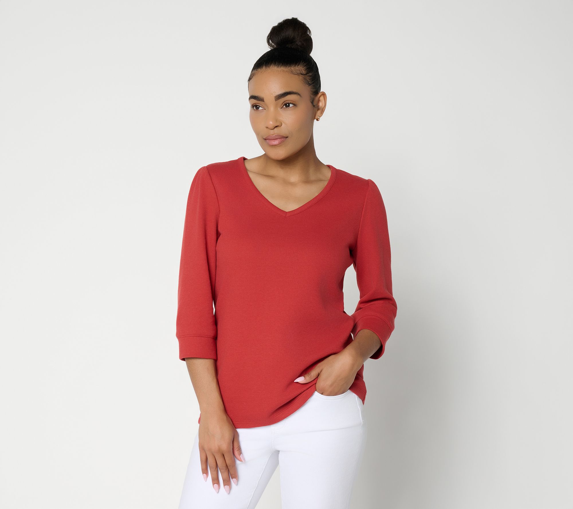 "As Is" Denim & Co. Waffle Knit 3/4 Sleeve V-Neck Top with Cuffs