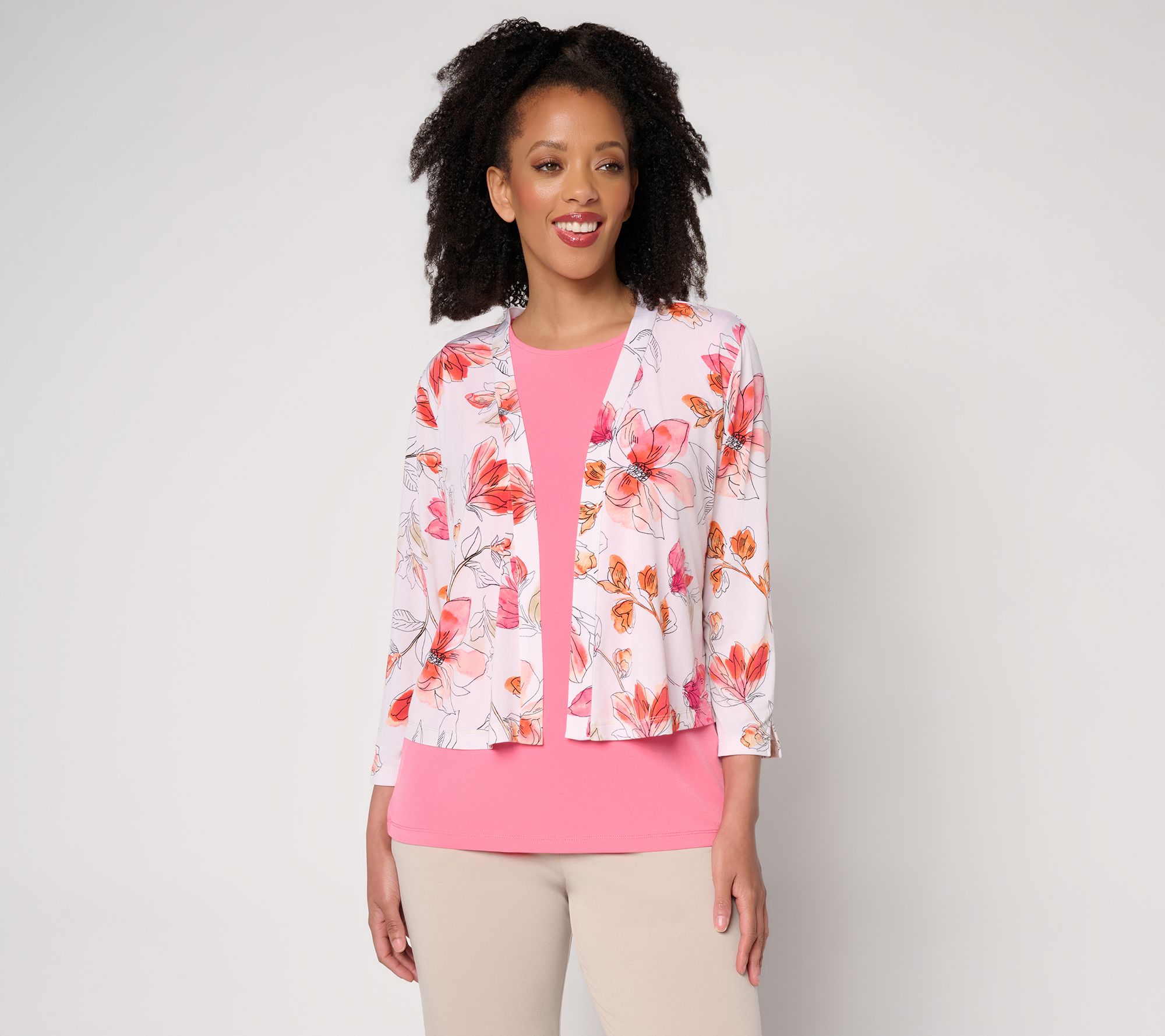 "As Is" Susan Graver Print or Solid Liquid Knit 3/4 Sleeve Shrug