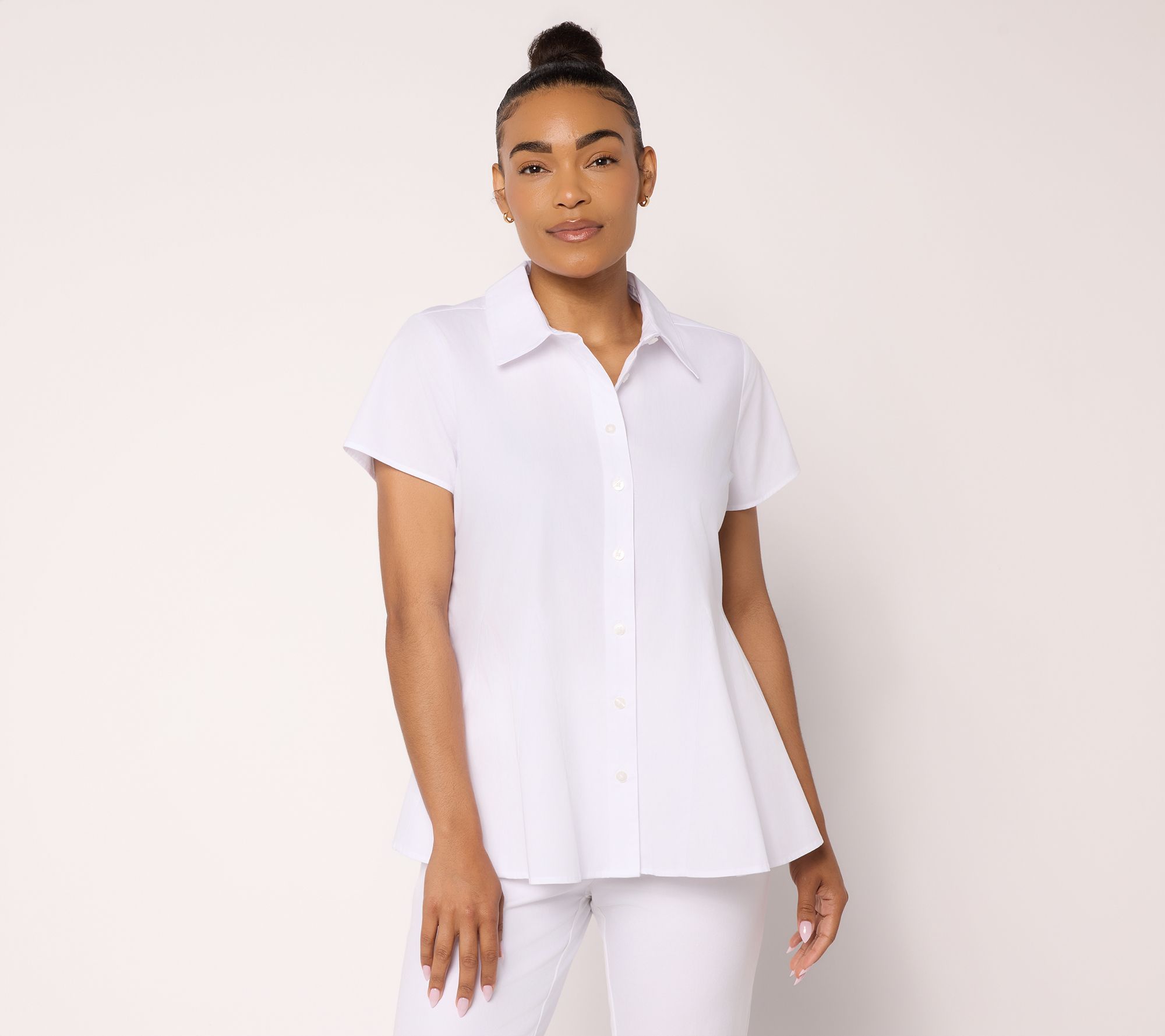 "As Is" Women with Control Striped Godet Button Front Top