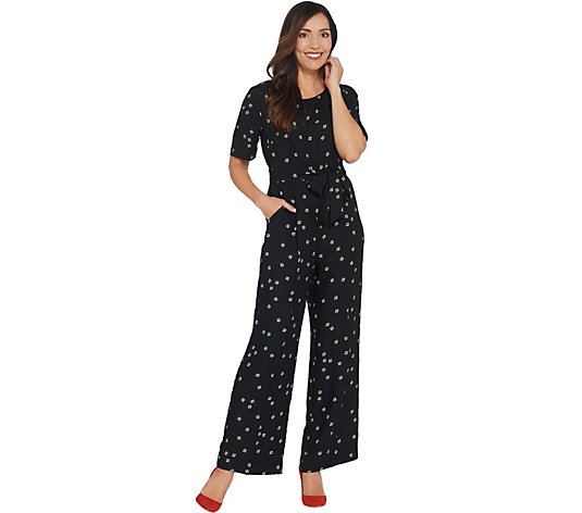 Vince Camuto Elbow Sleeve Ditsy Re-Set Belted Jumpsuit