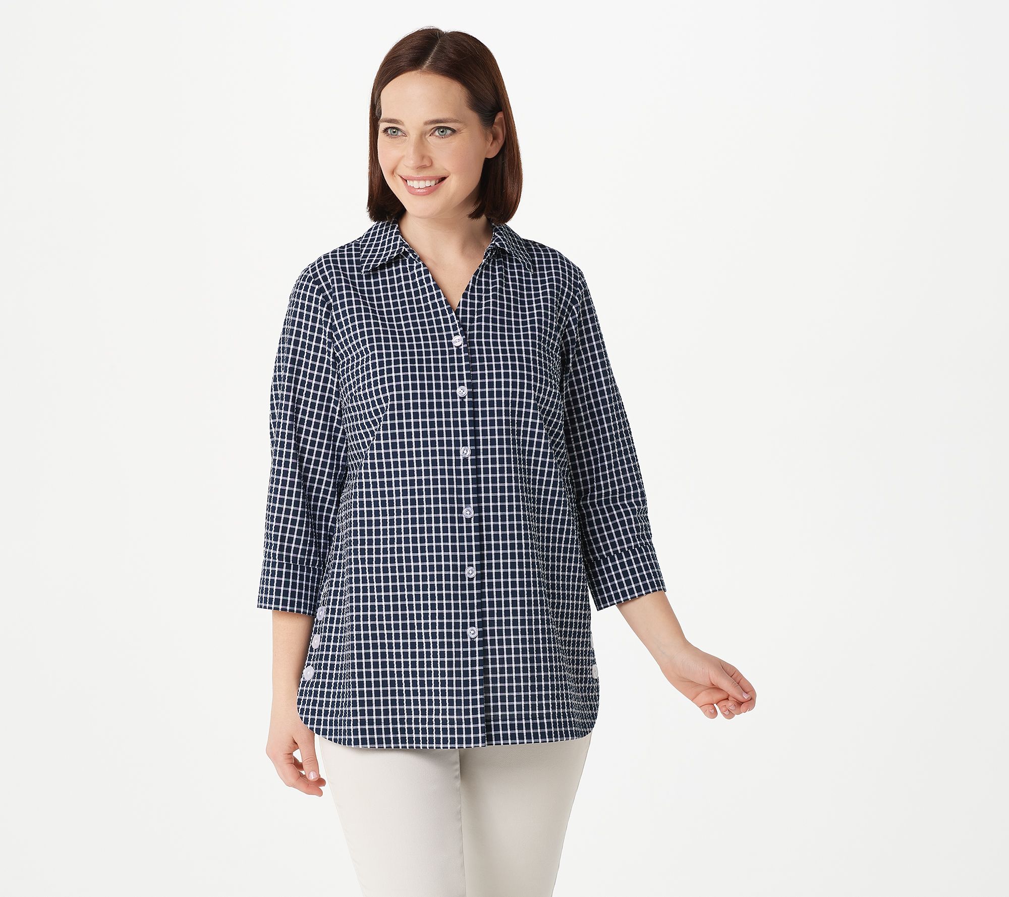 Joan Rivers Textured Button Front Shirt w/ Side Button Detail