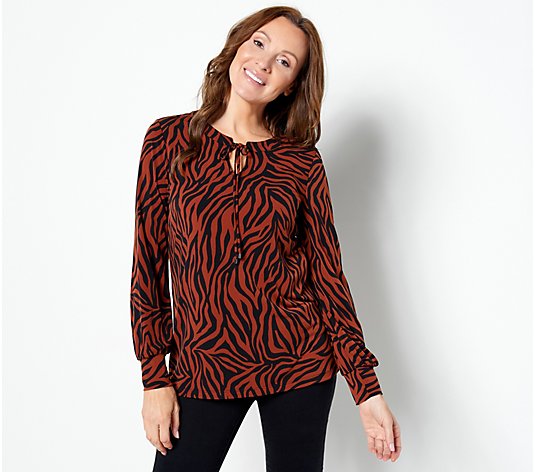 Susan Graver Printed Liquid Knit Top with Tie Detail