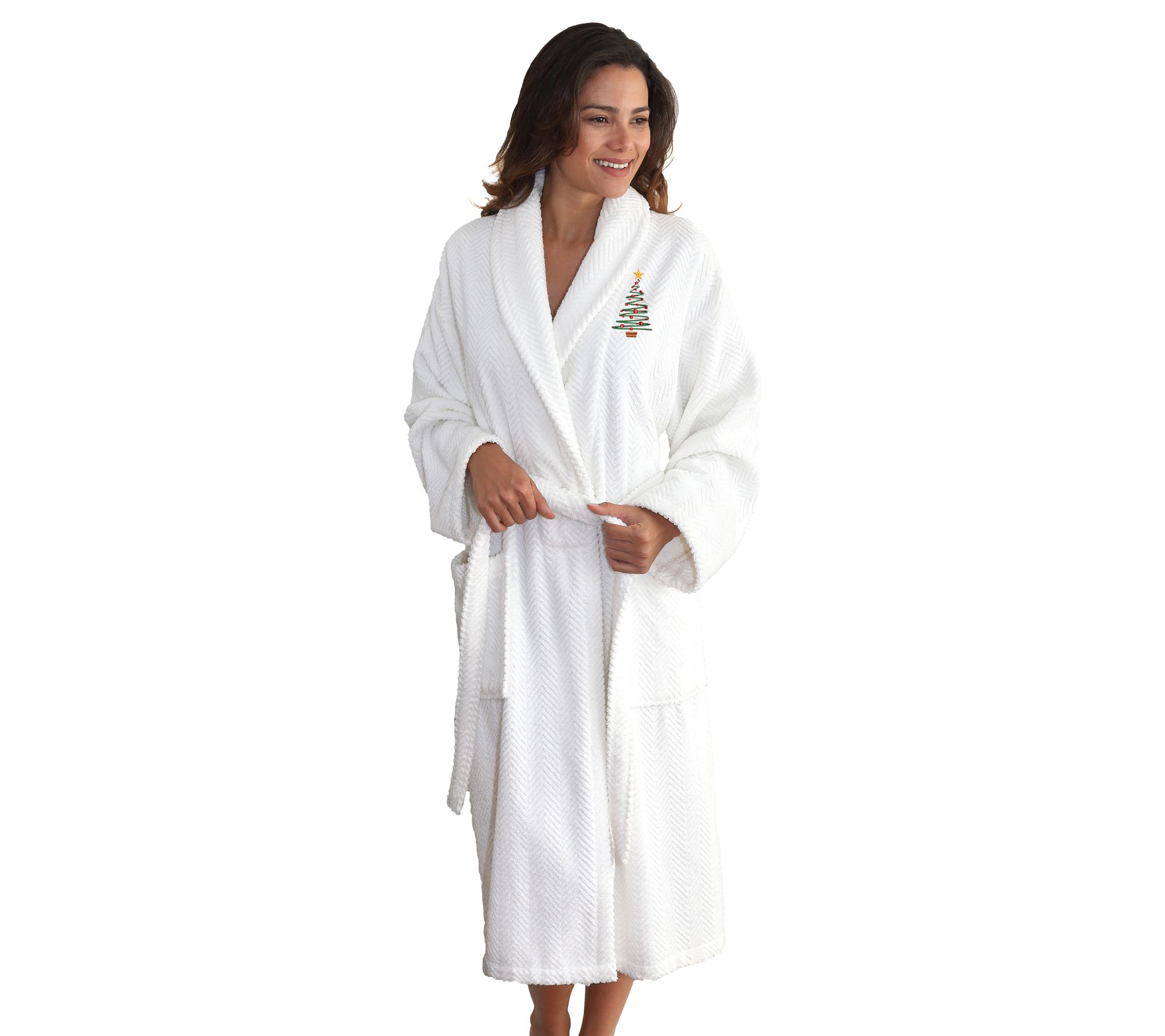 Linum Home Herringbone Robe w/ Embroidered Christmas Tree