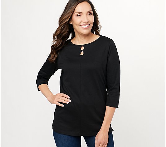 Quacker Factory Keyhole 3/4-sleeve Top with Bling Buttons