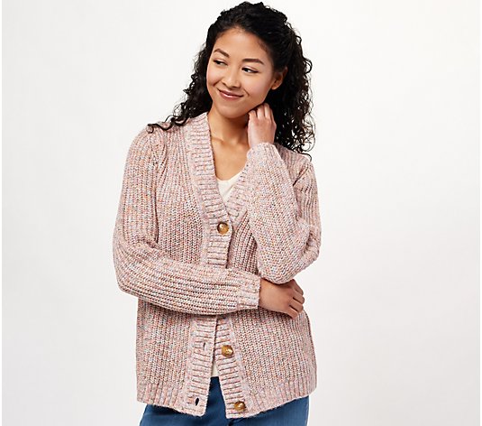 Susan Graver Melange Chunky Knit Button- Front Sweater Cardigan