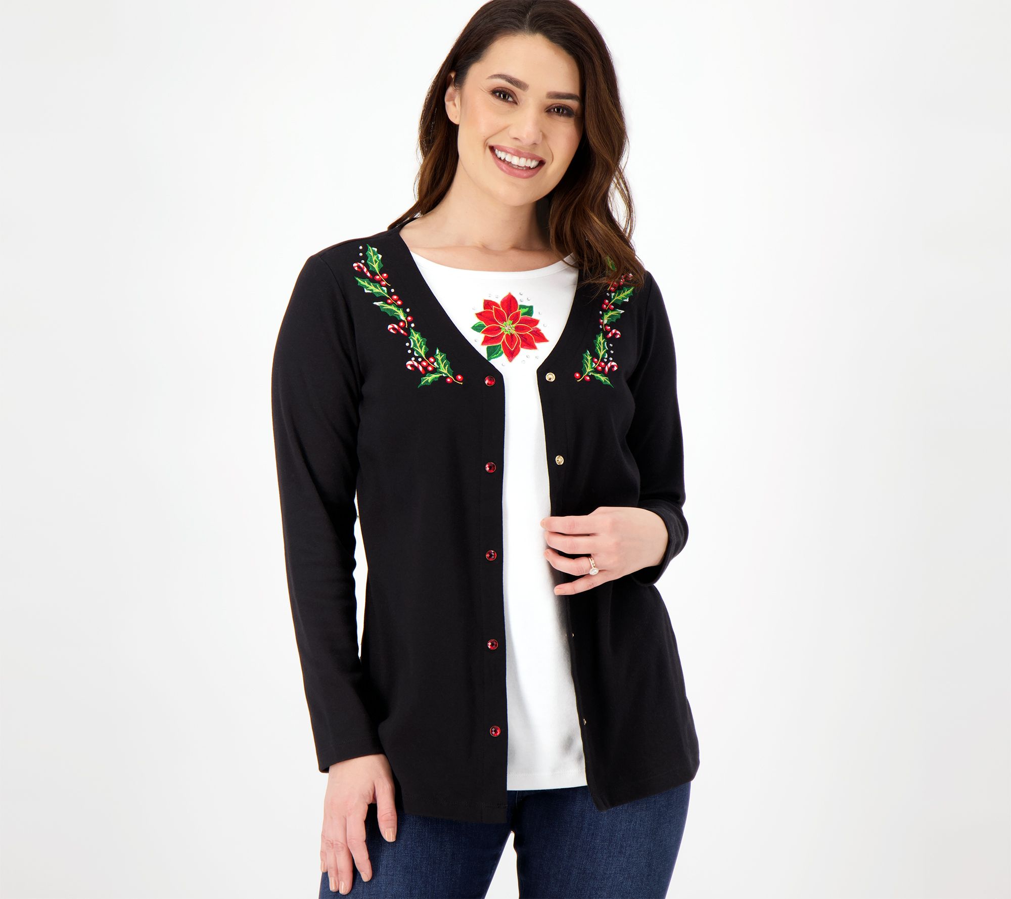 Quacker Factory Holiday Joy V-Neck Cardigan Duet