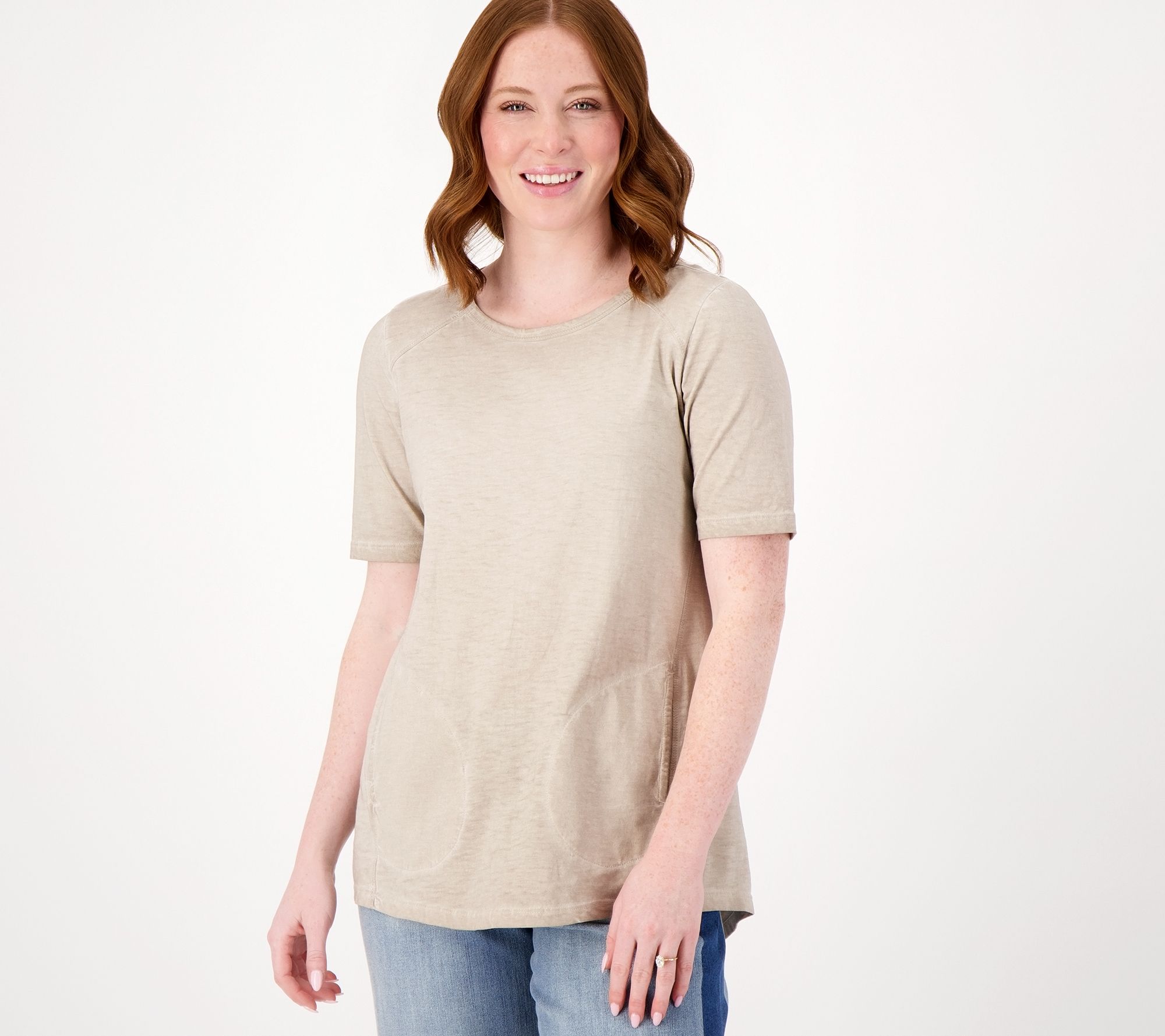 LOGO by Lori Goldstein Distressed Cotton Elbow Sleeve Top