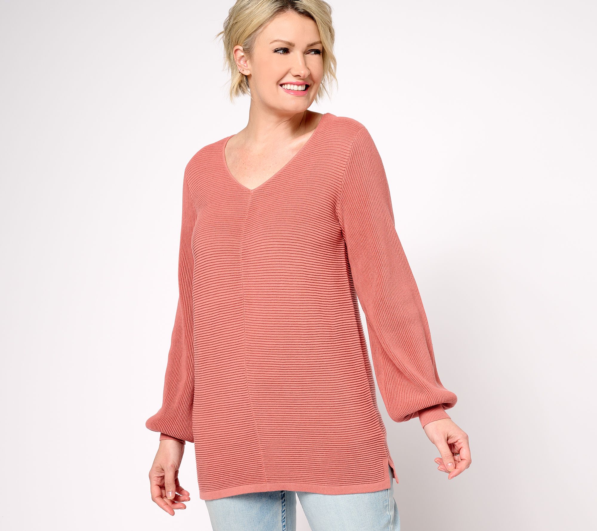 Belle by Kim Gravel Shadow Rib Chenille V Neck Sweater 