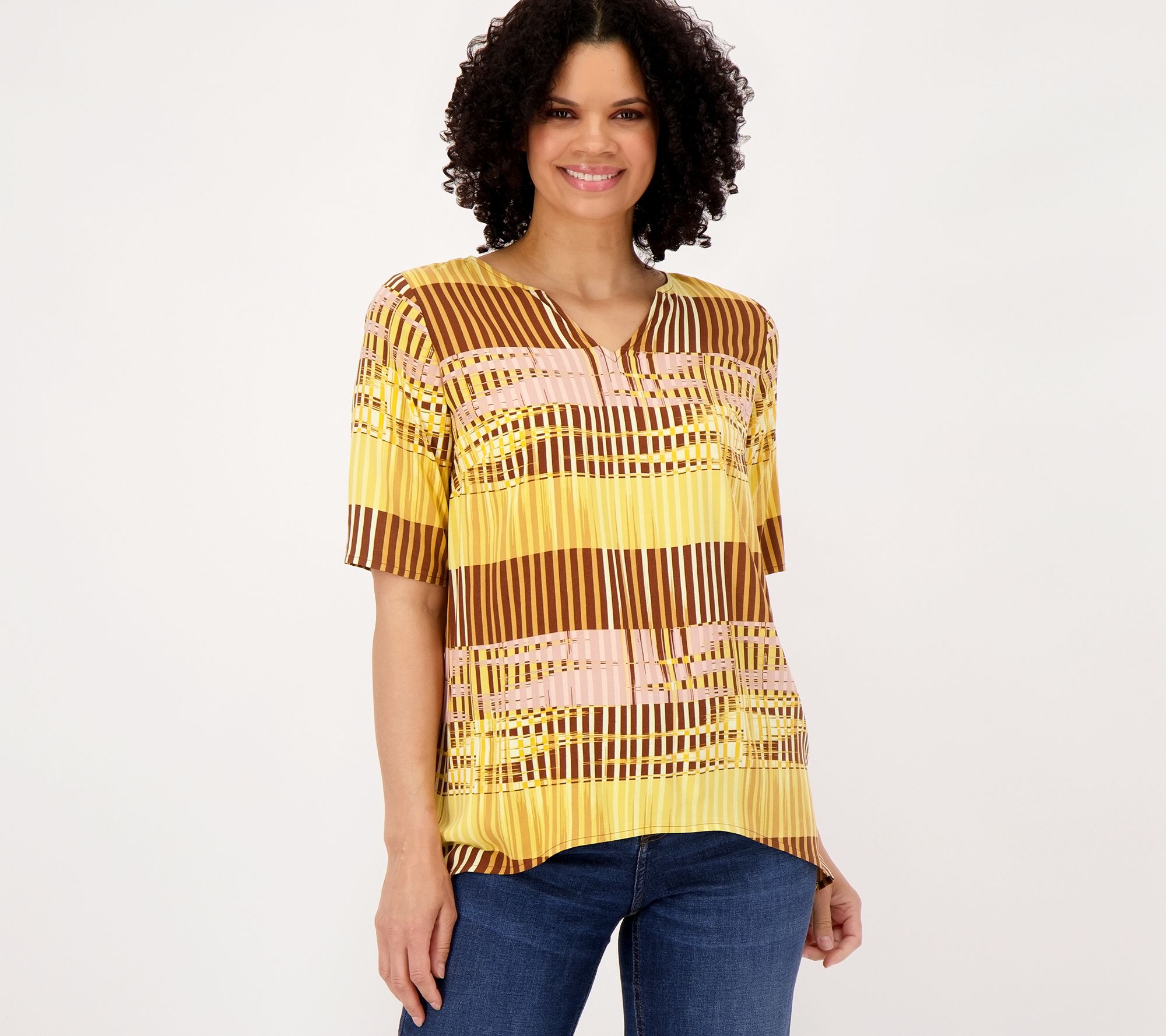 "As Is" Denim & Co. Canyono Retreat Printed Sharkbite Hem Blouse