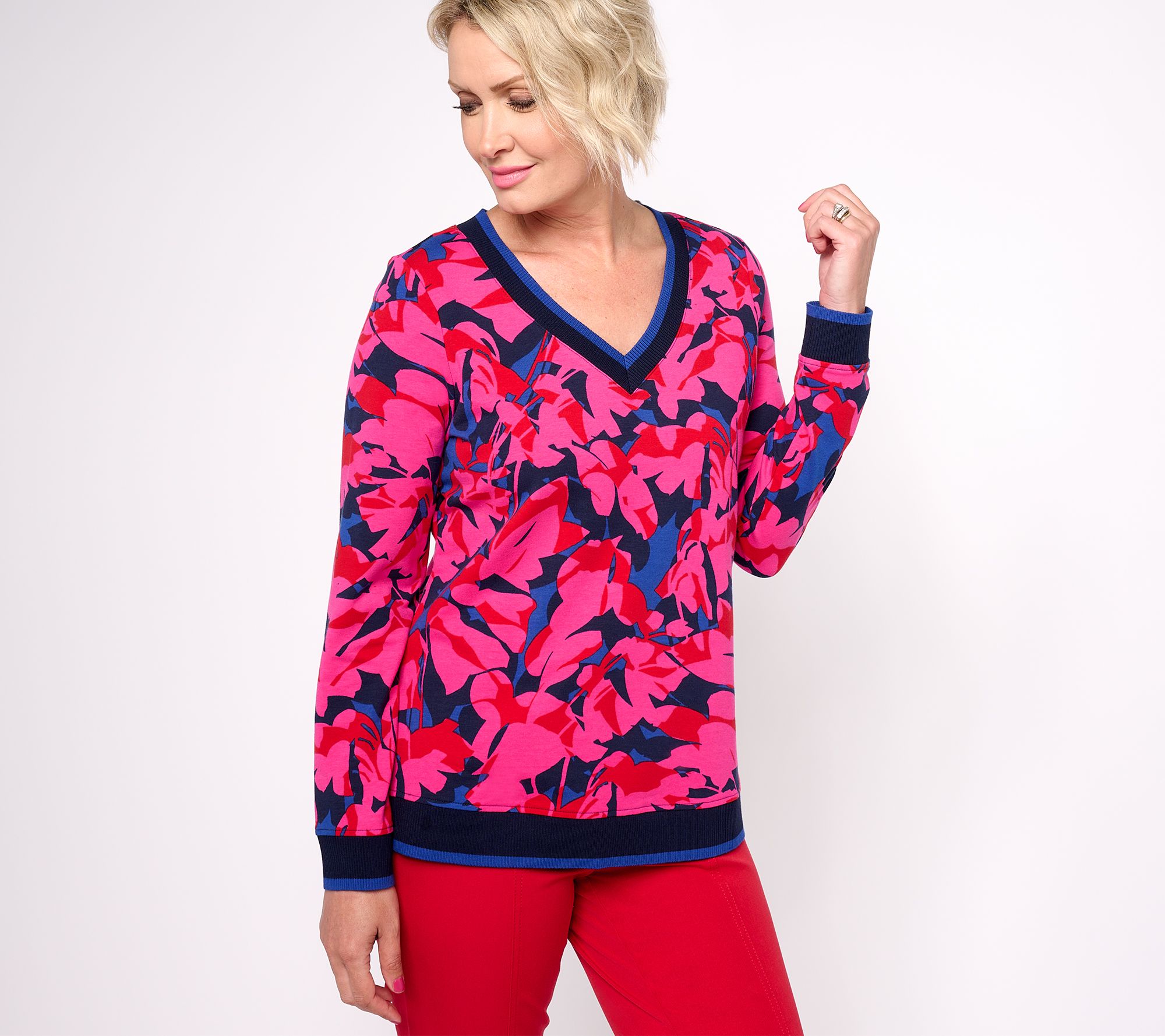 Sport Savvy Printed Sleeve Long V Pullover Neck Terry French