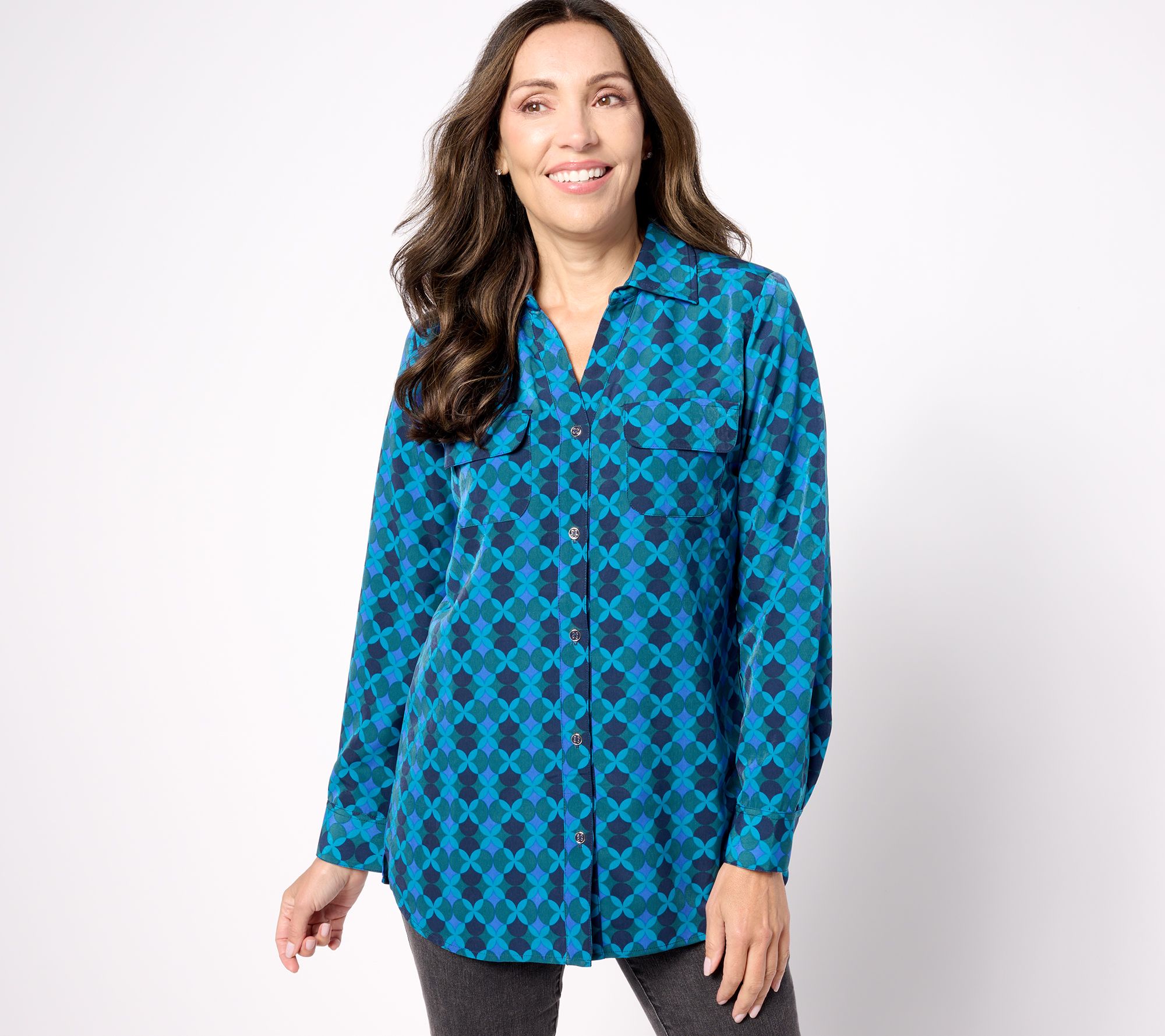 Denim & Co. Signature Roll Tab Sleeve Button Front Utility Tunic