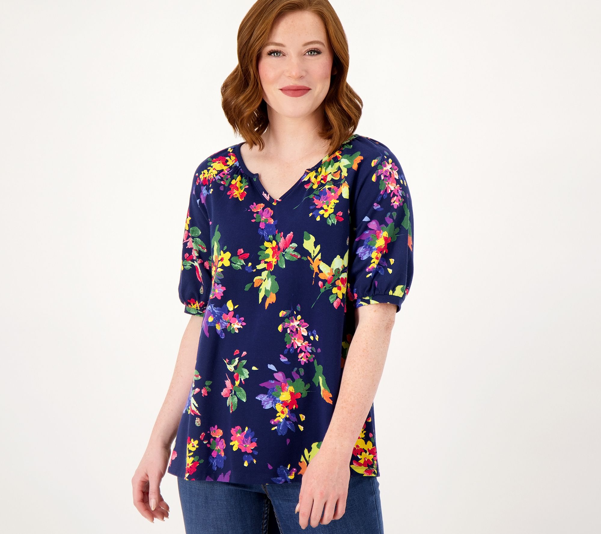 "As Is" Denim & Co. Printed Favorite Jersey Split V-Neck Swing Top