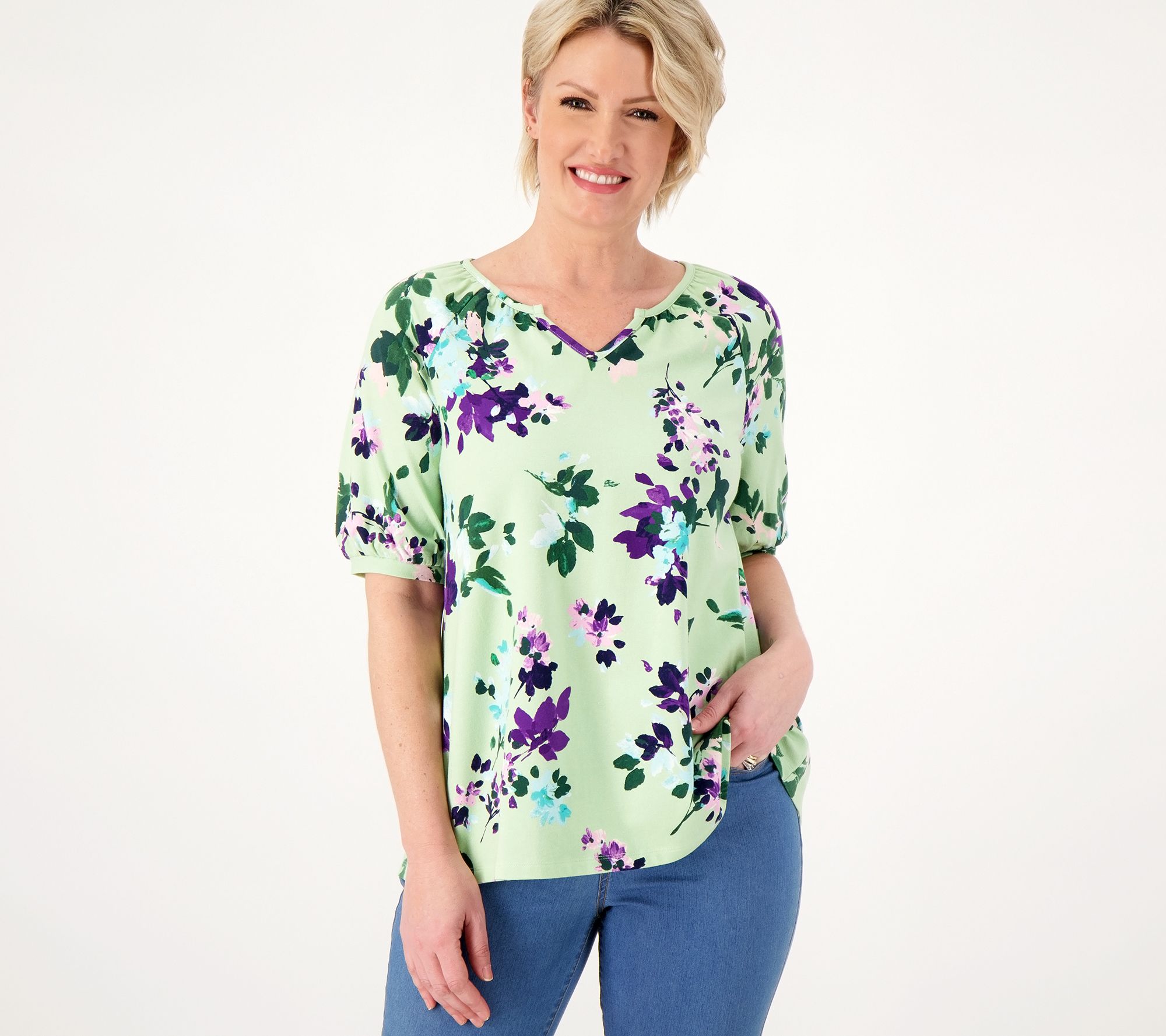 "As Is" Denim & Co. Printed Favorite Jersey Split V-Neck Swing Top