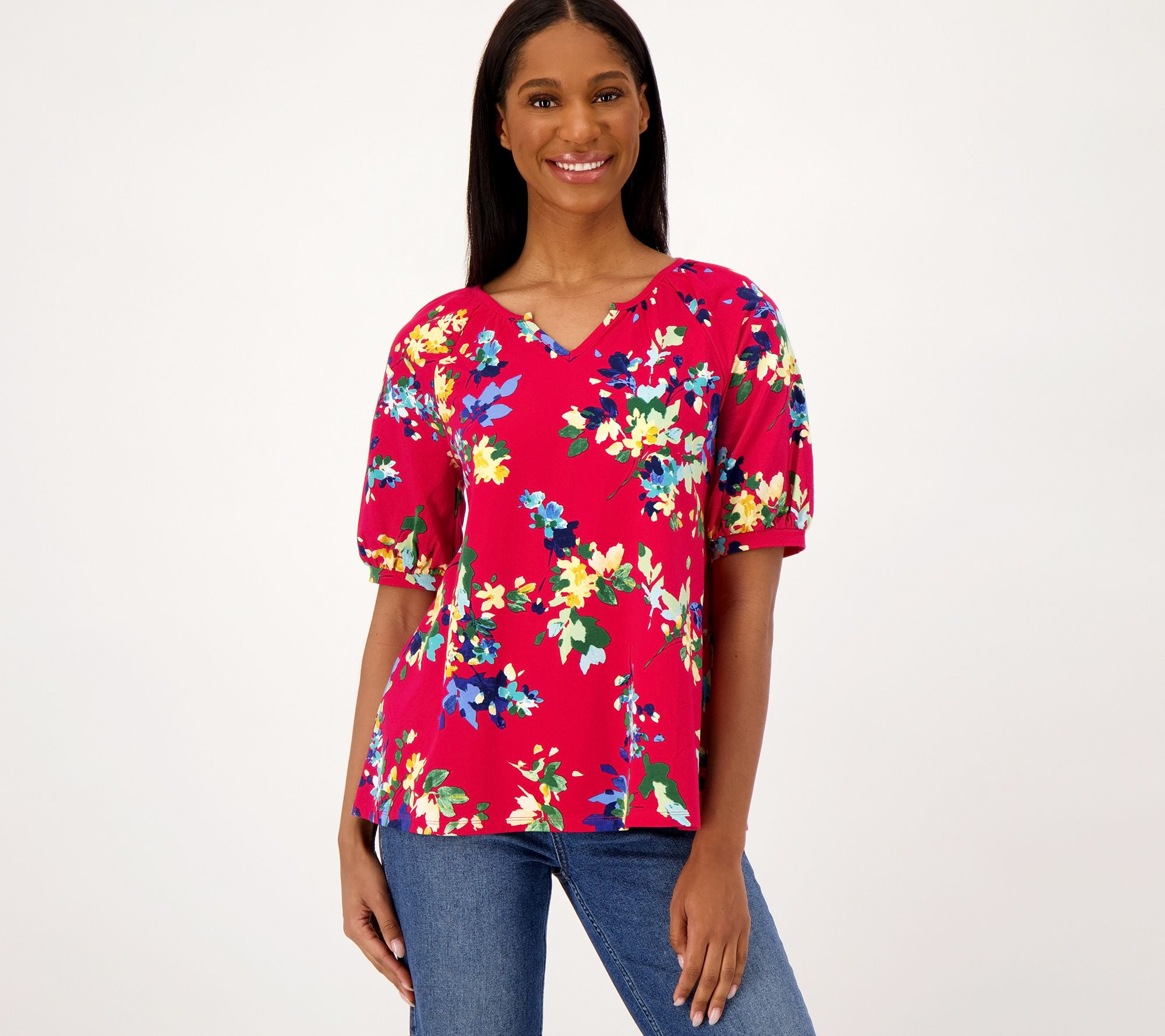 "As Is" Denim & Co. Printed Favorite Jersey Split V-Neck Swing Top