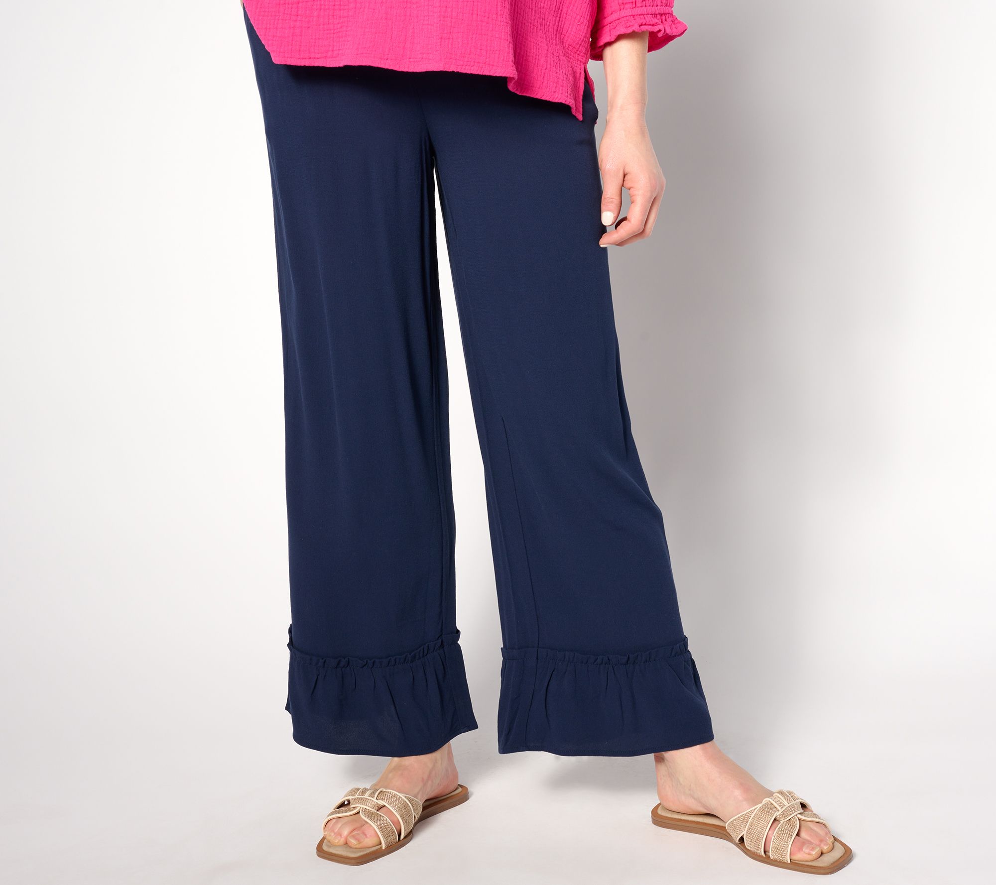 Denim & Co. Beach Petite Woven Crepe Ruffled Hem Beach Pant