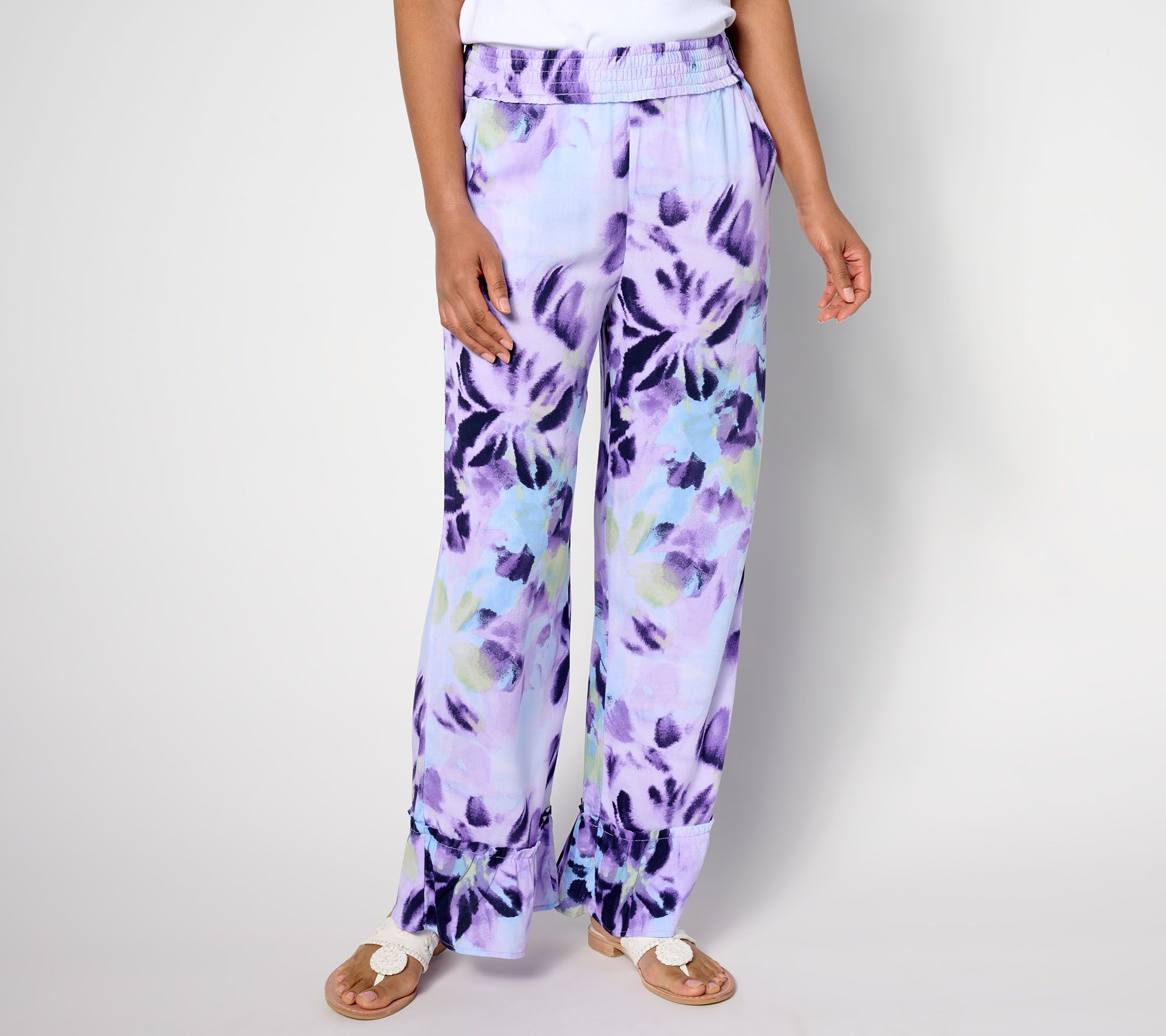 Denim & Co. Beach Petite Woven Crepe Ruffled Hem Beach Pant