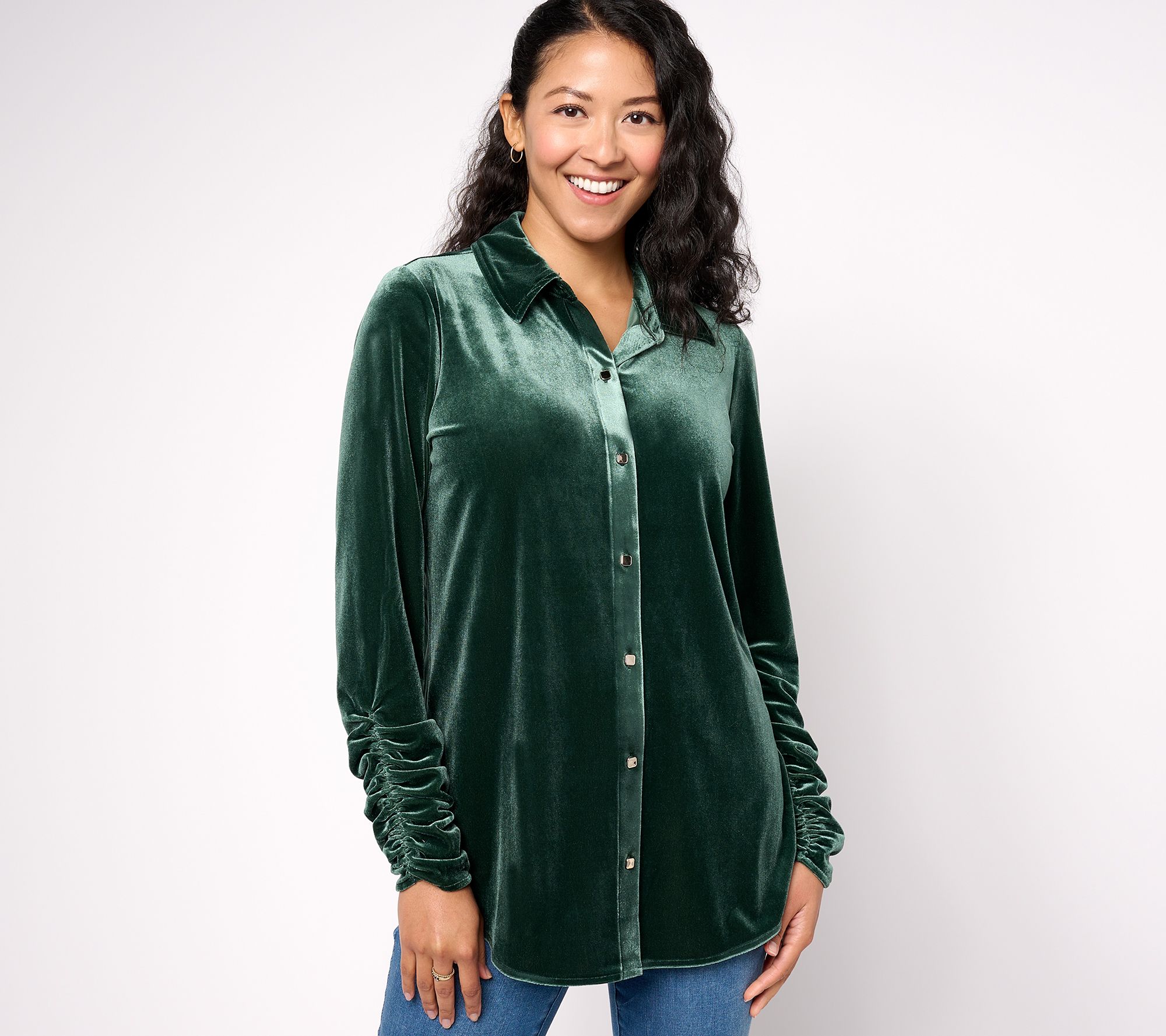 "As Is" Susan Graver Petite Knit Velvet Button Front Shirt