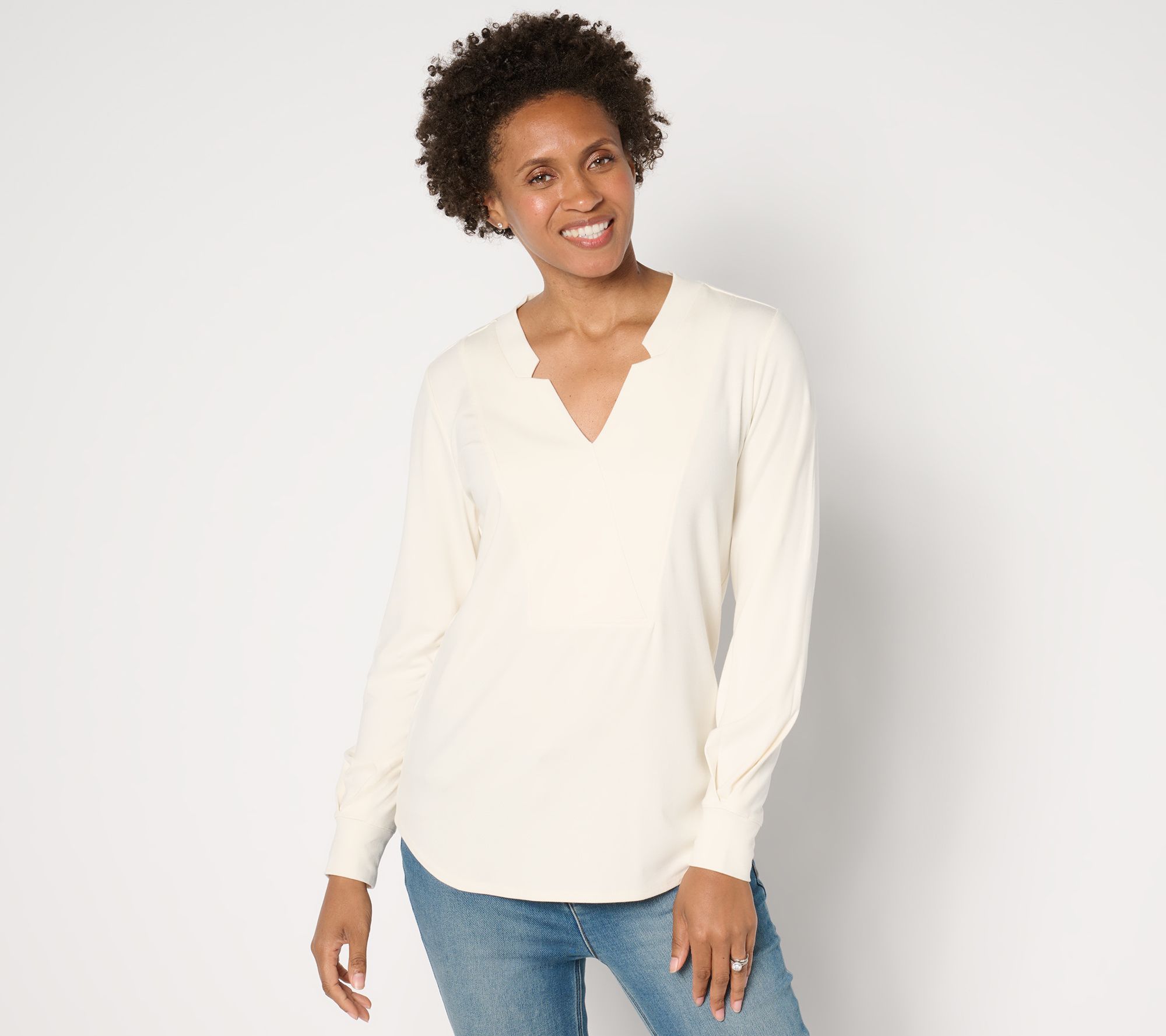 BEAUTIFUL by Lawrence Zarian Refined Knit Notched V-Neck Long Sleeve Top