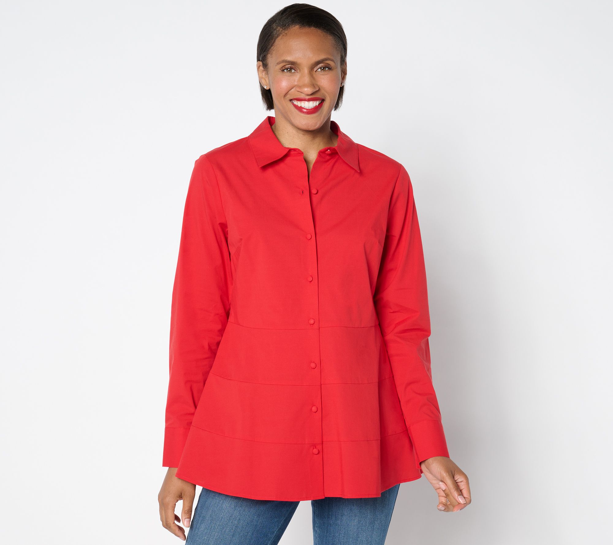 Isaac Mizrahi Live! Petite Stretch Poplin Shirt with Tiered Peplum