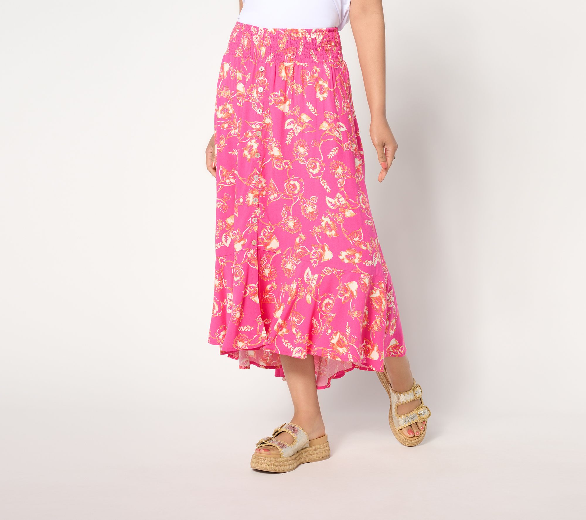 "As Is" Susan Graver Passport Petite Printed Woven Button Front Skirt