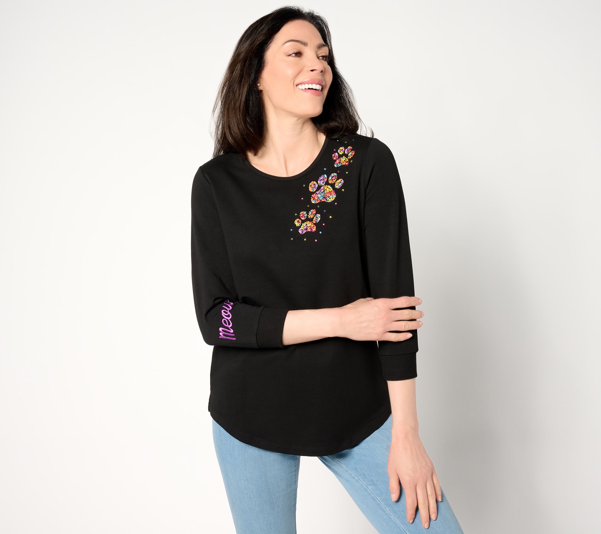 "As Is" Quacker Factory Petal Paws French Terry Embroidered Top