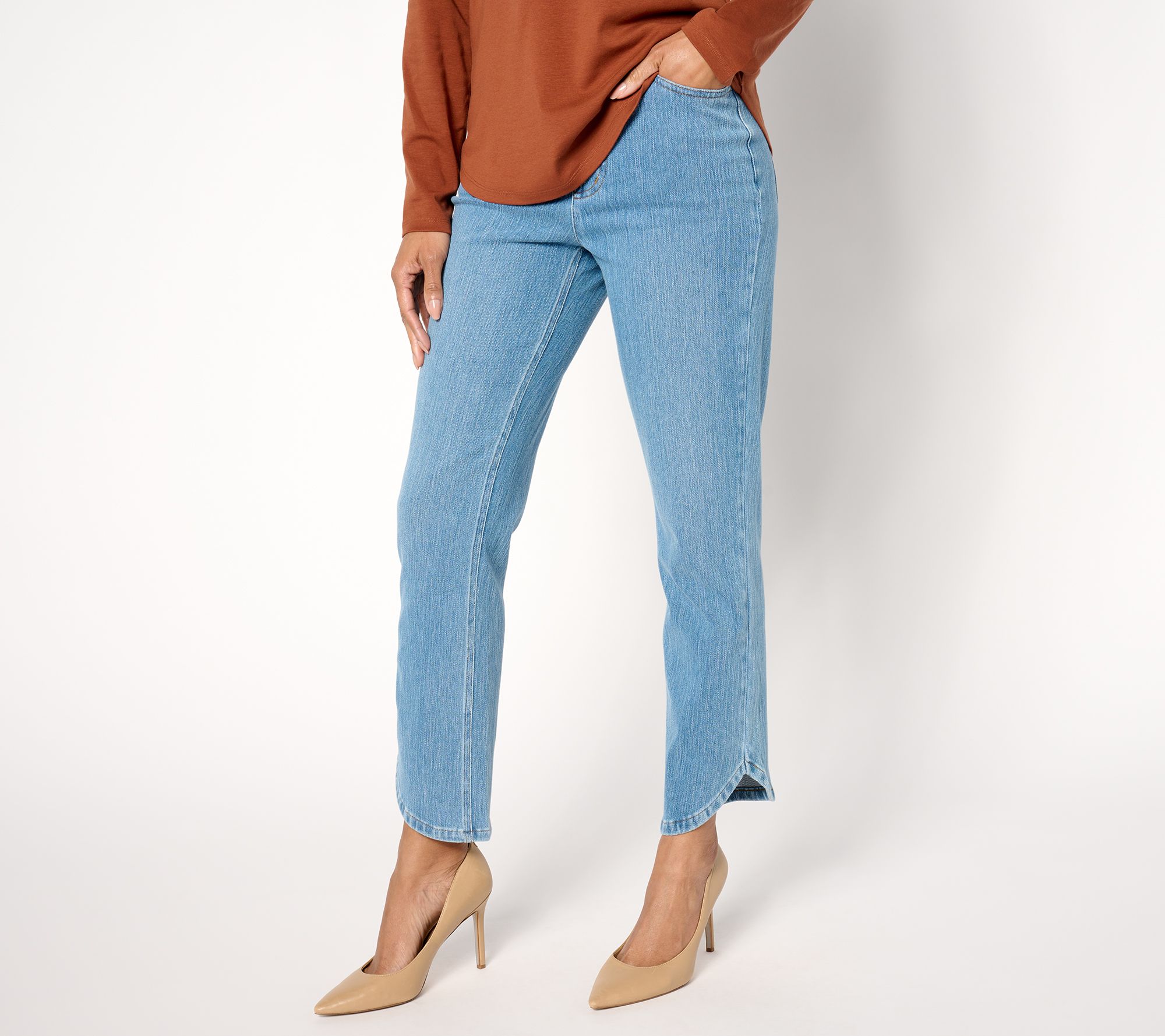 "As Is" Isaac Mizrahi Live! Tall Knit Denim Pull On Ankle Jeans w/ Tulip