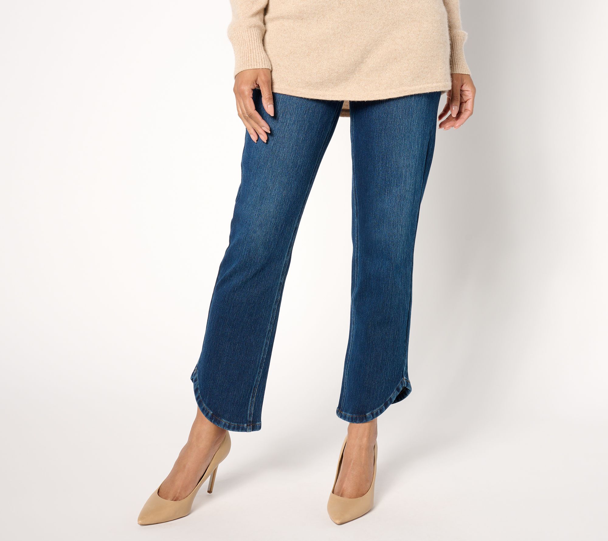 "As Is" Isaac Mizrahi Live! Tall Knit Denim Pull On Ankle Jeans w/ Tulip