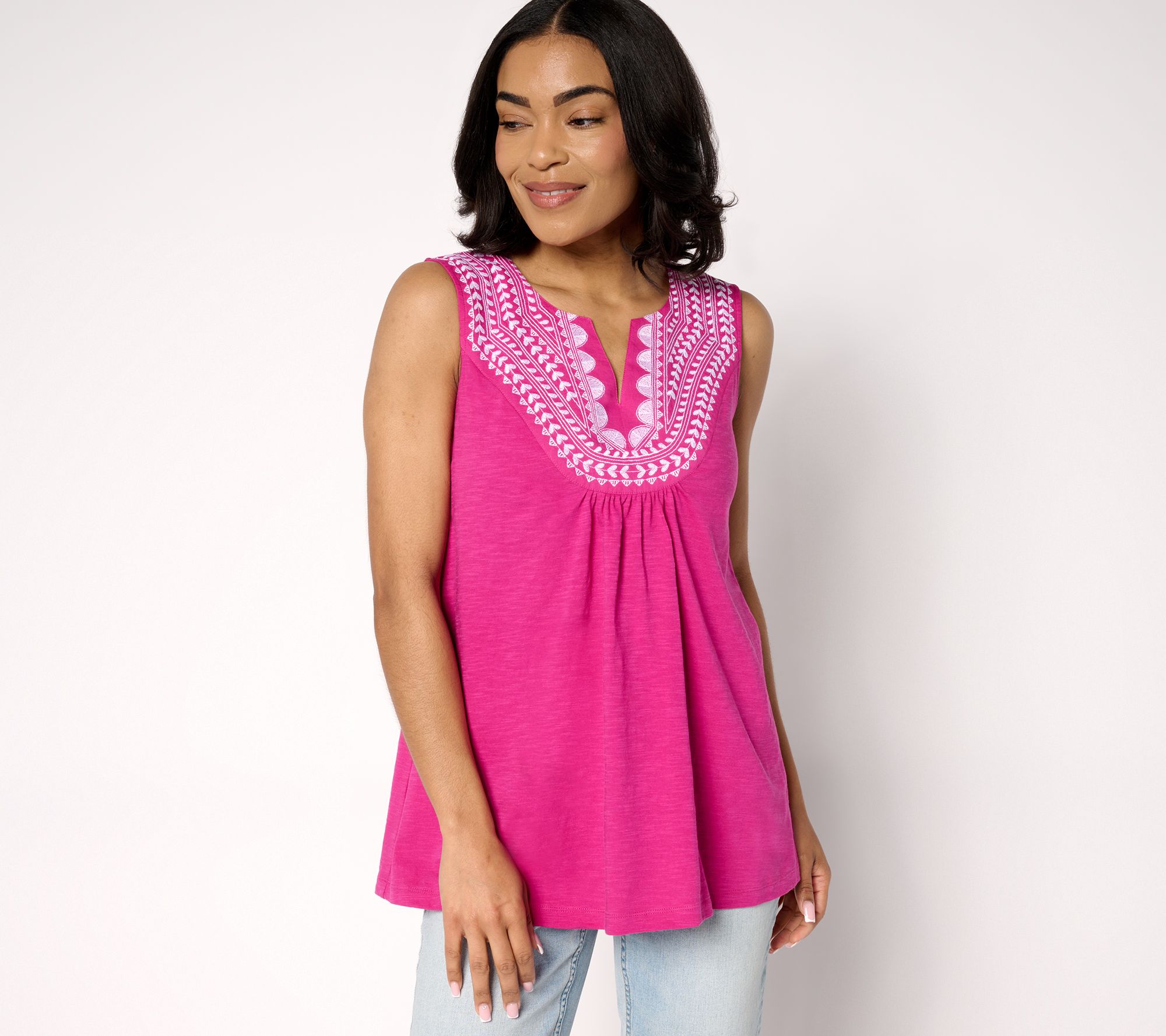 Susan Graver Weekend Regular Embroidered Textured Cotton Sleeveless Top