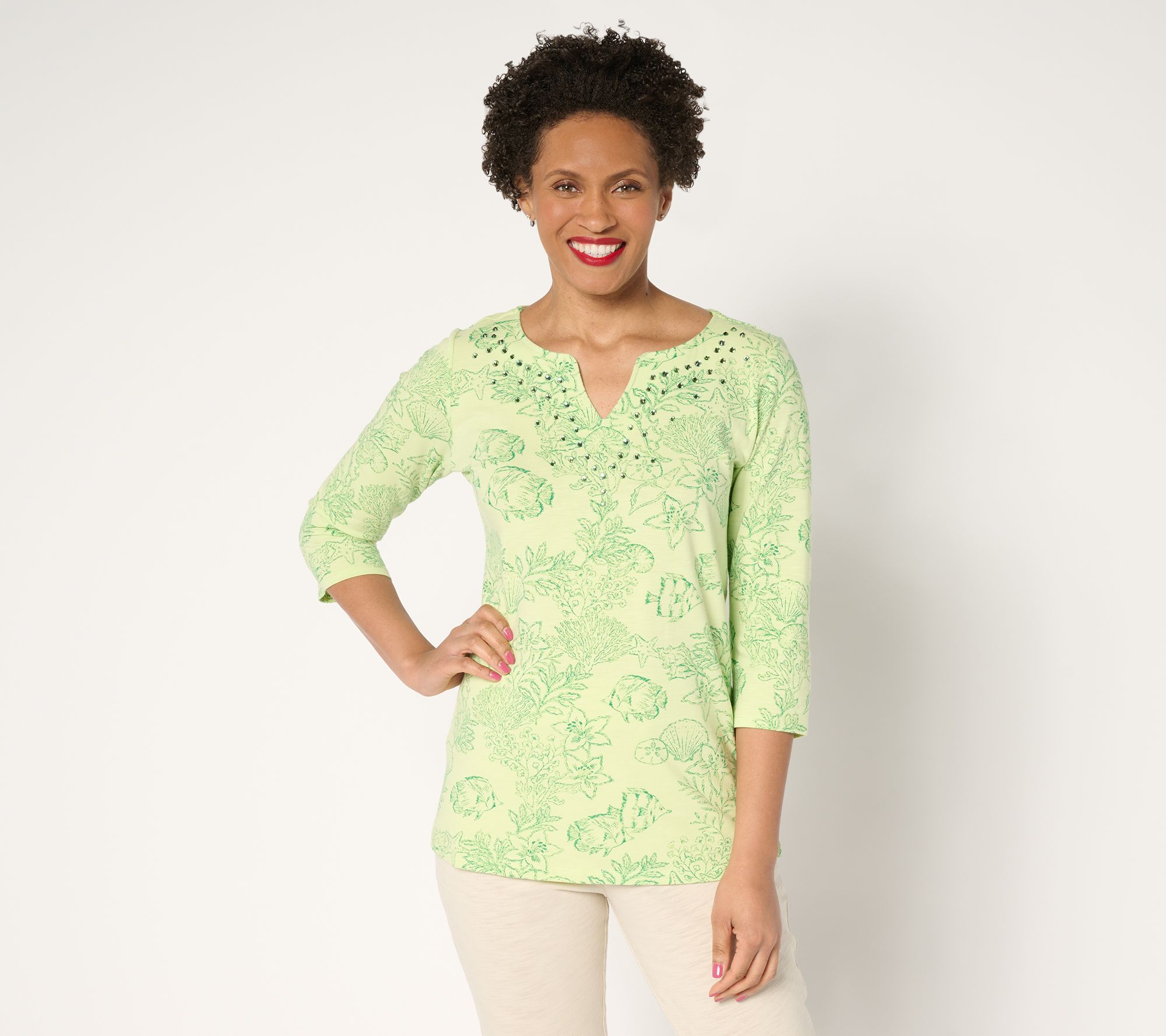Quacker Factory Let's Get Tropical Embellished 3/4-Sleeve