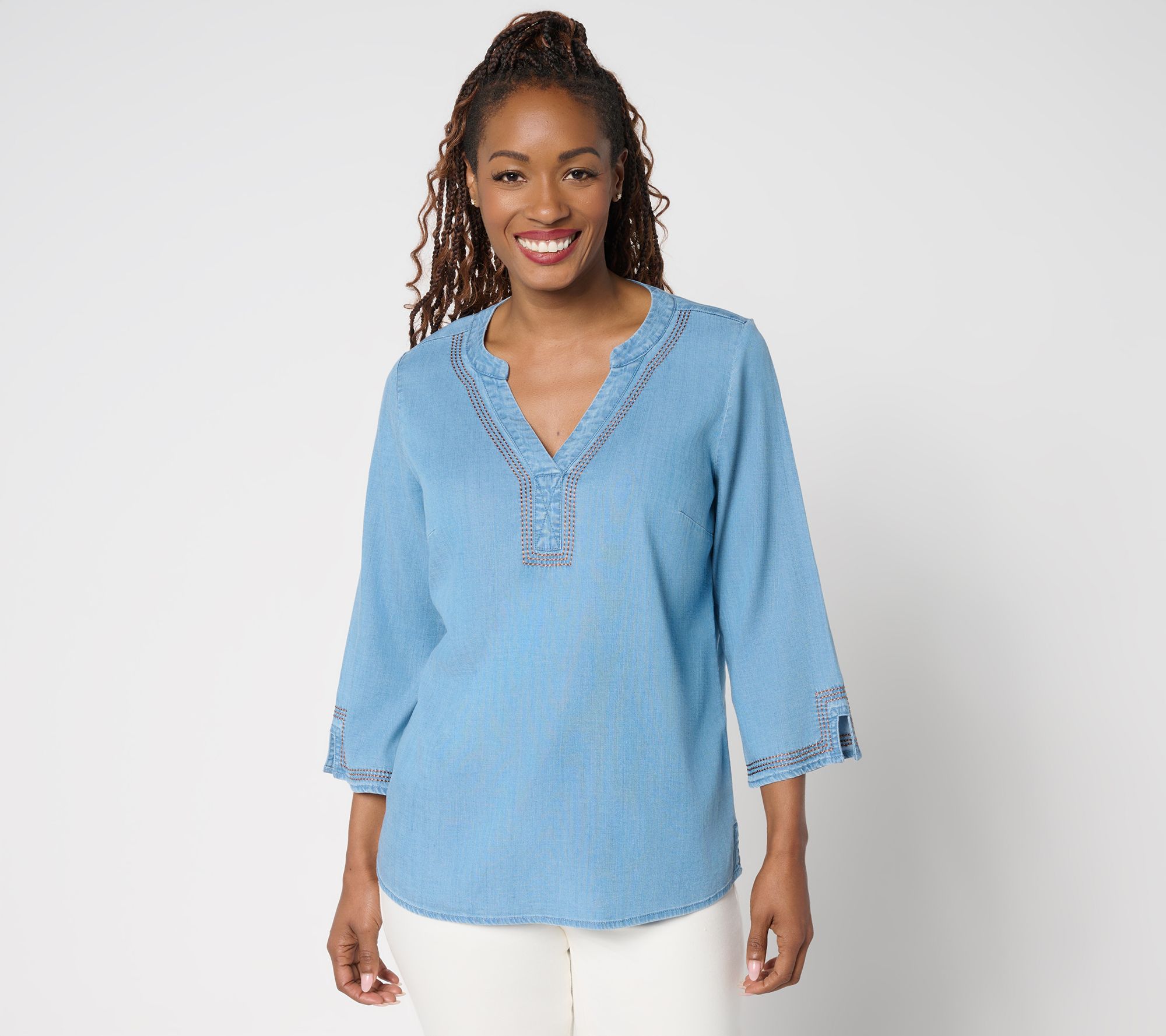 Susan Graver Stretch Chambray Top with Stitch Detail