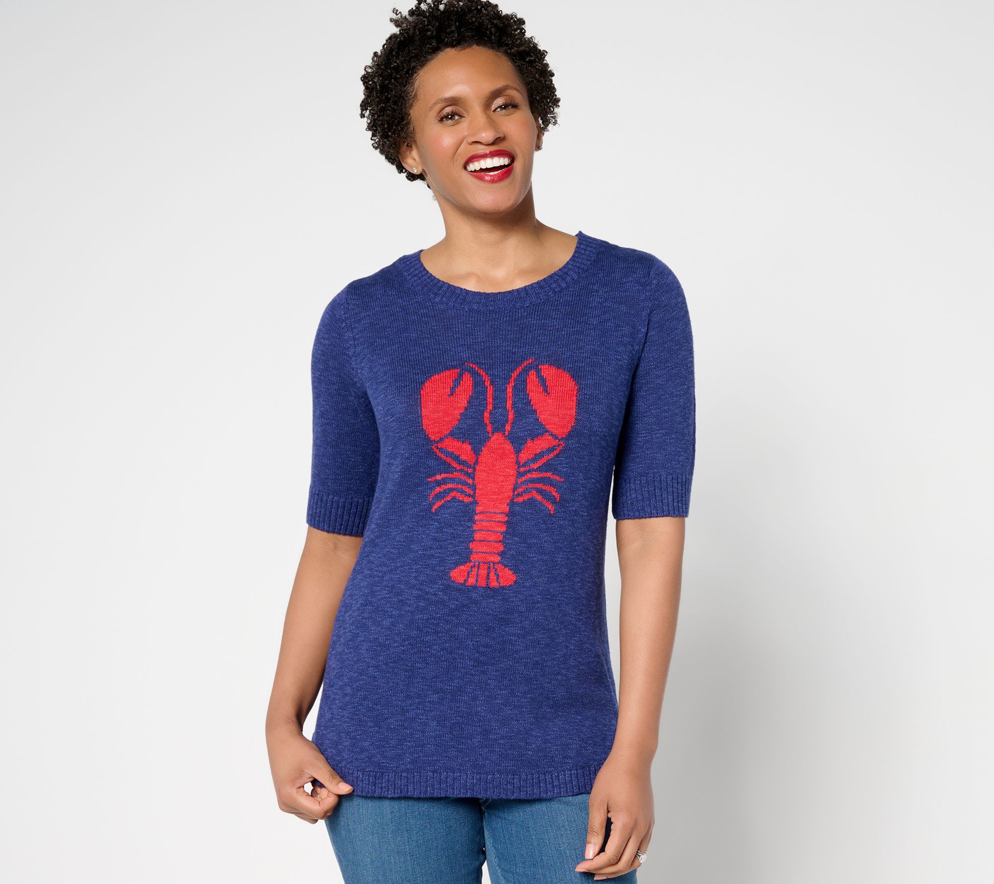 Denim & Co. Patterned Elbow Sleeve Crew Neck Sweater