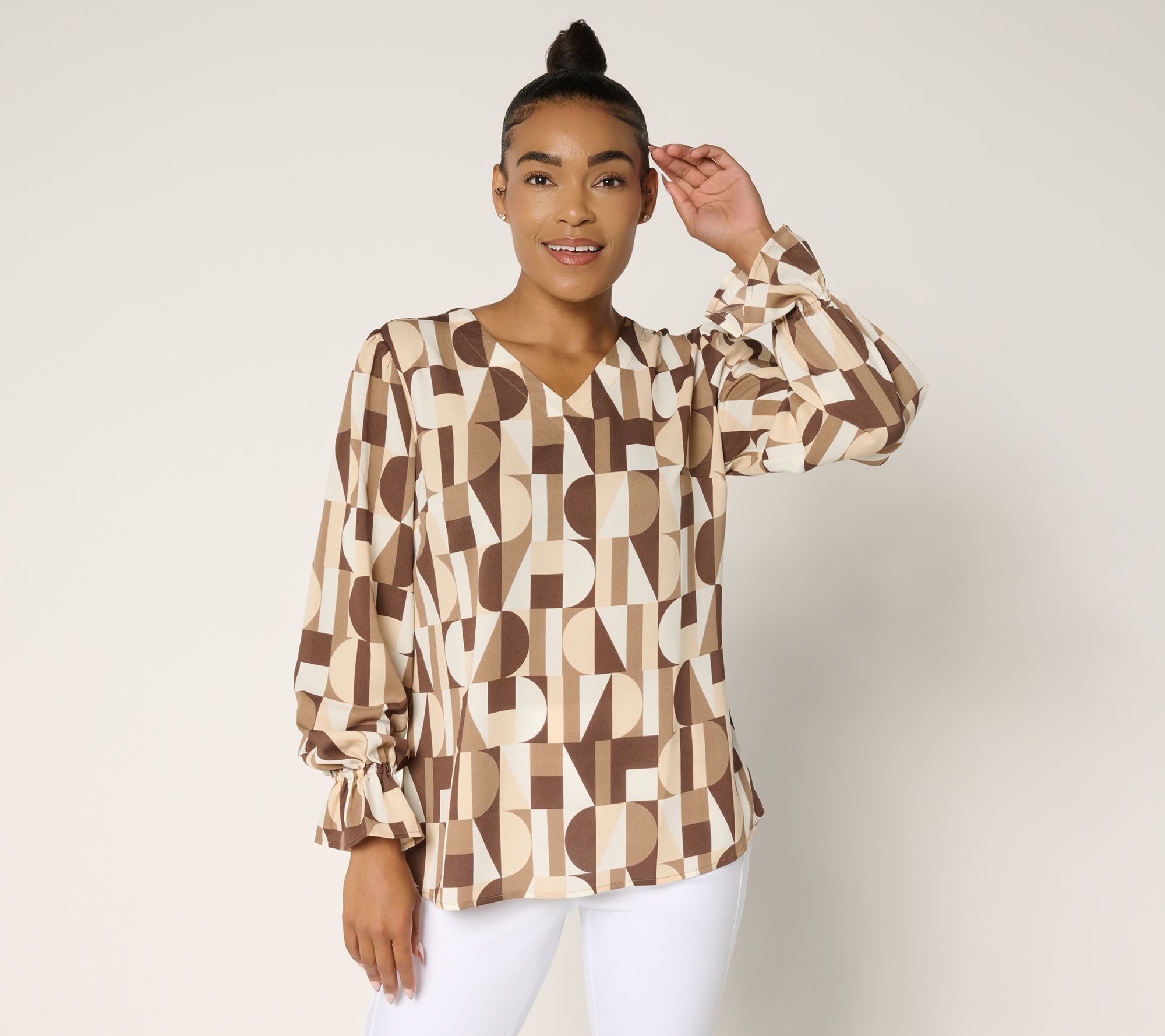 Belle by Kim Gravel Geo Graphic V-Neck Blouse