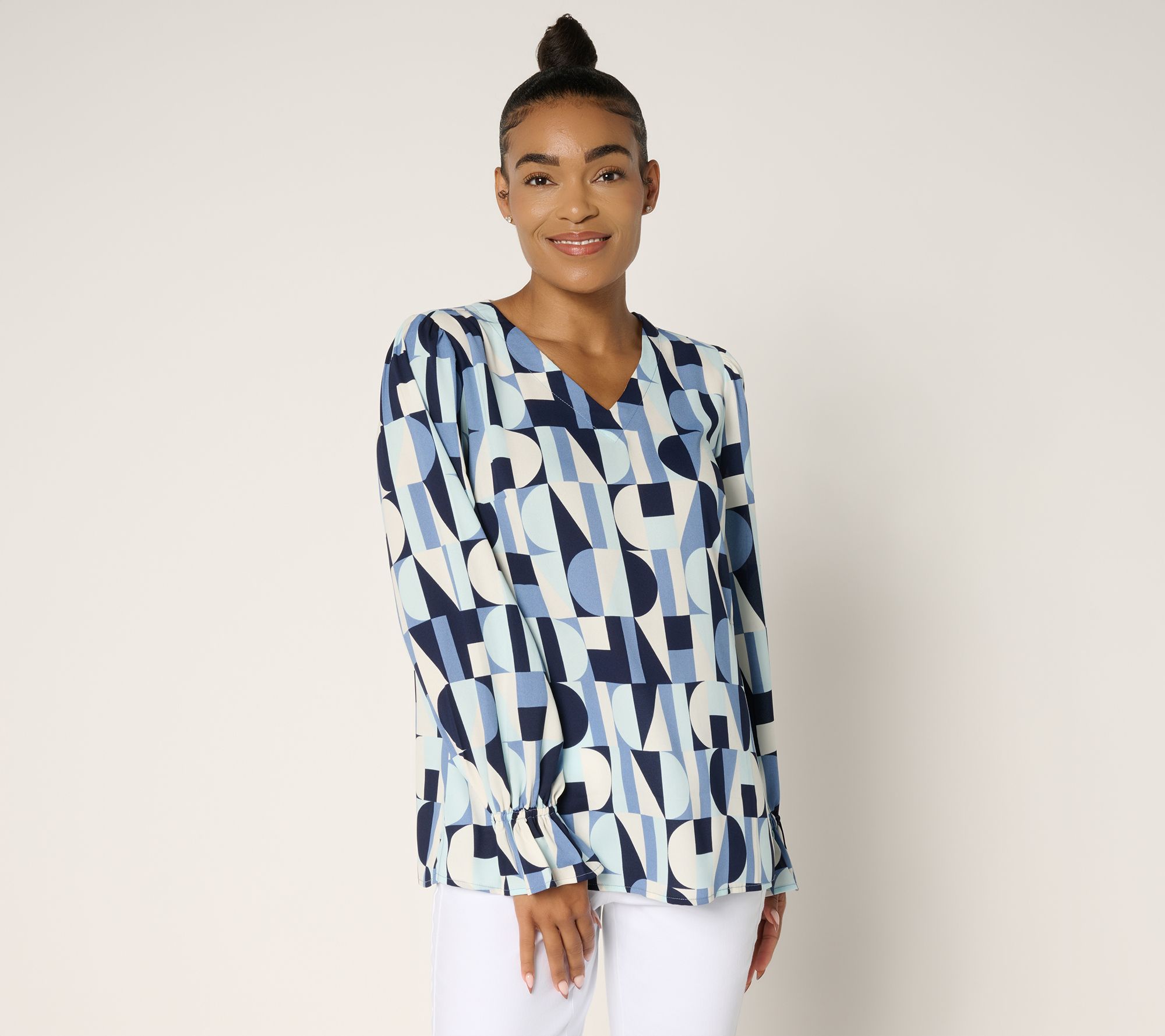 Belle by Kim Gravel Geo Graphic V-Neck Blouse