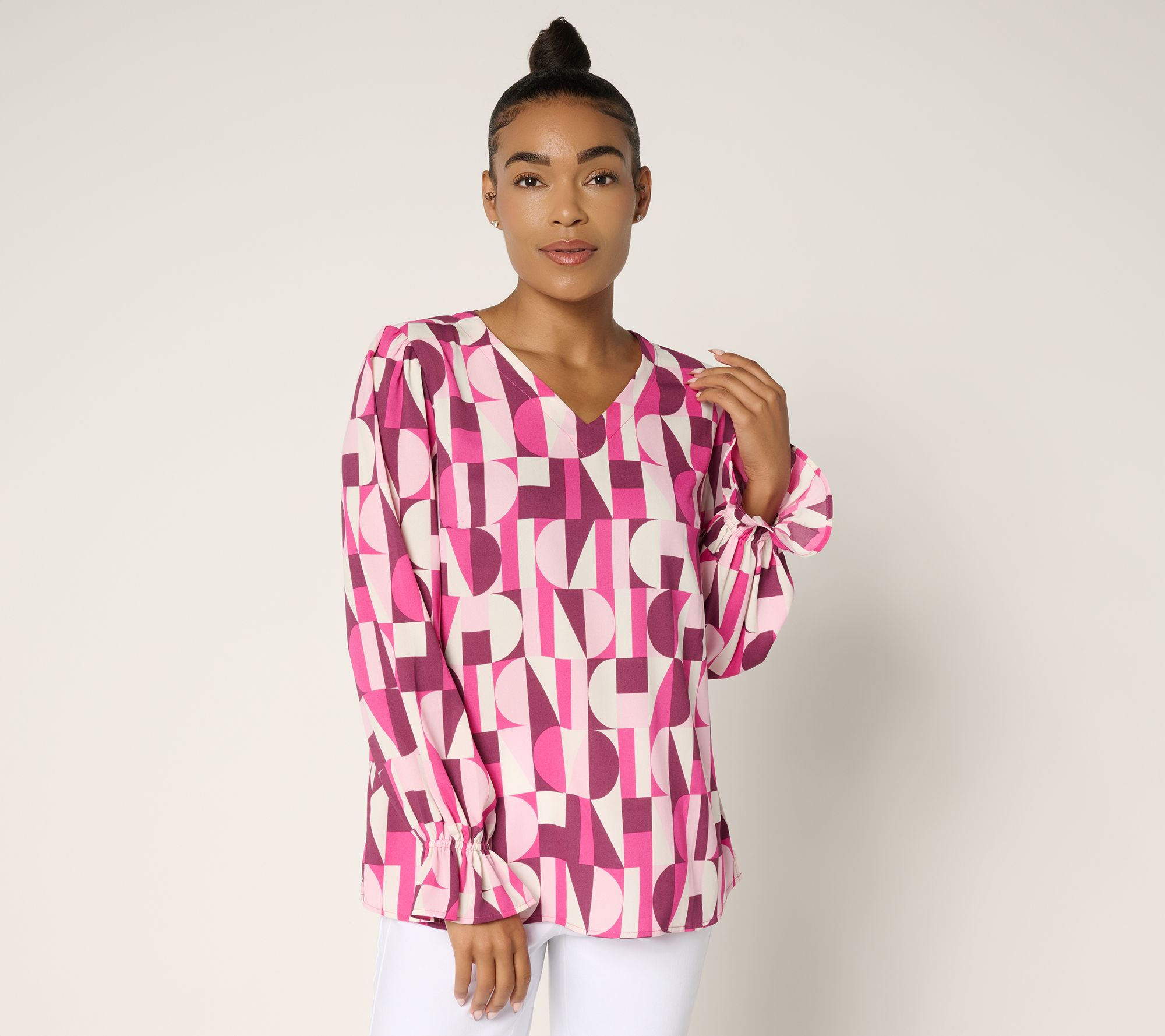 Belle by Kim Gravel Geo Graphic V-Neck Blouse