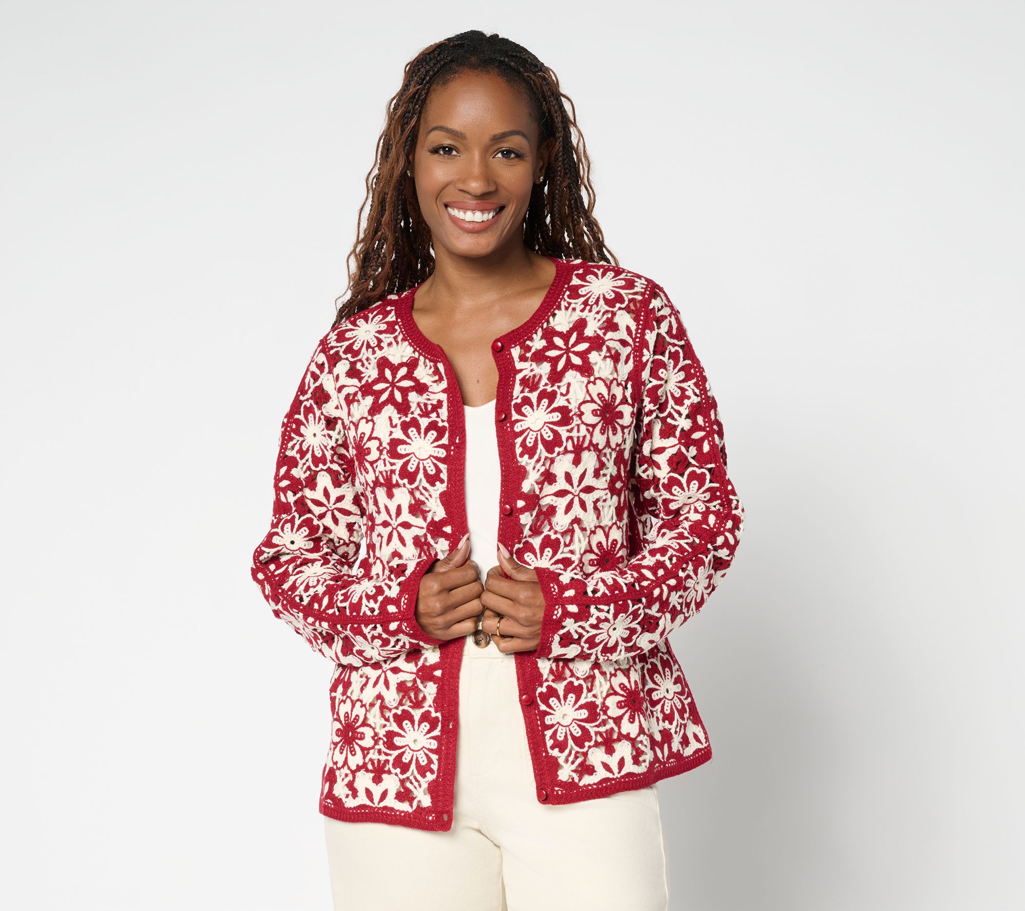 GRAVER Susan Graver Two Tone Crochet Button Front Shrug