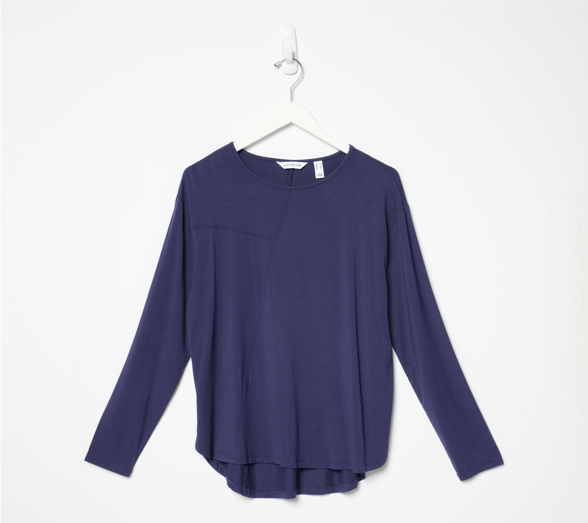 "As Is" Peace Love World Asymmetrical Stitch Detail Long Sleeve Top