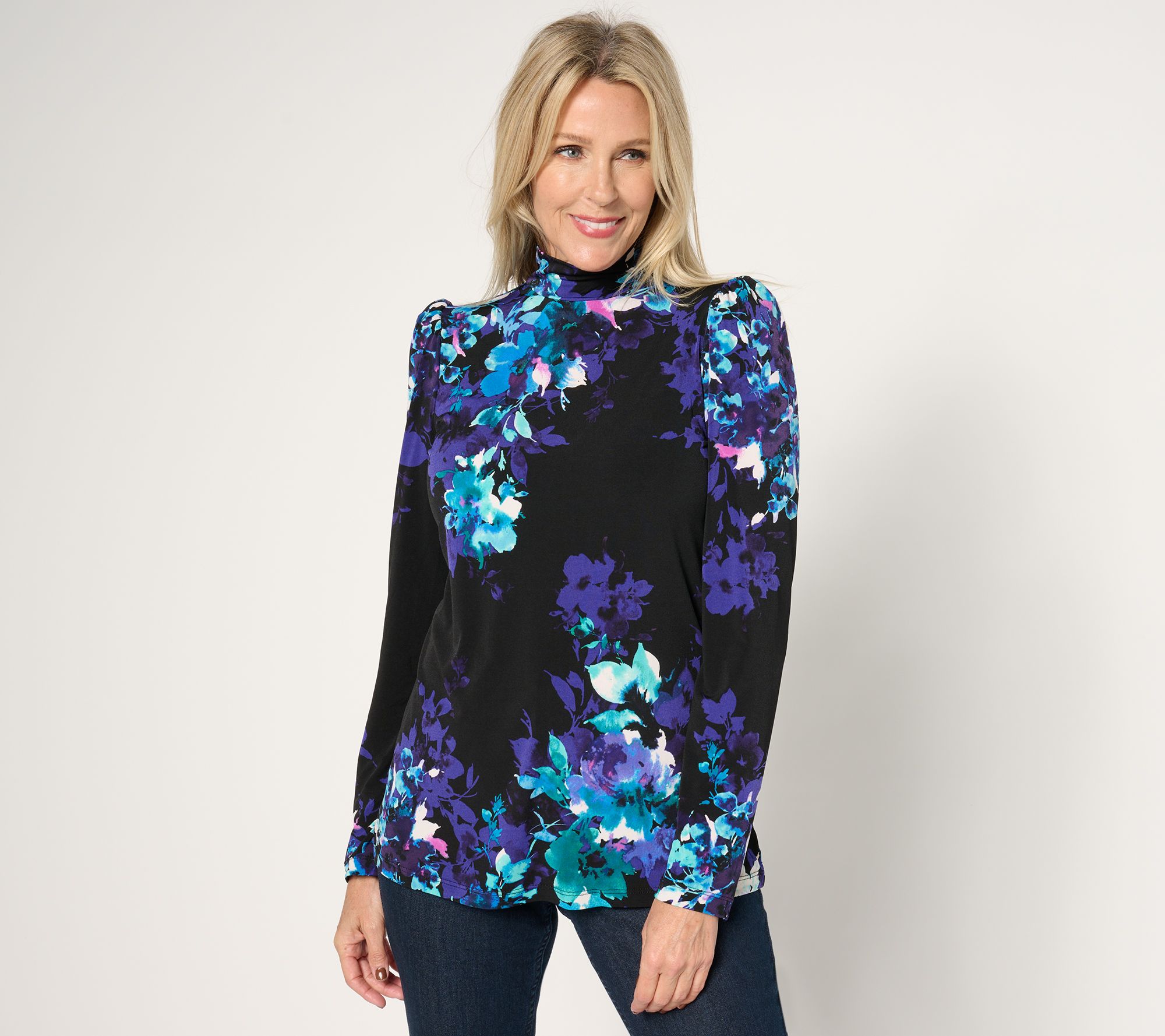 "As Is" Susan Graver Printed Liquid Knit Puff Sleeve Mock Neck Top